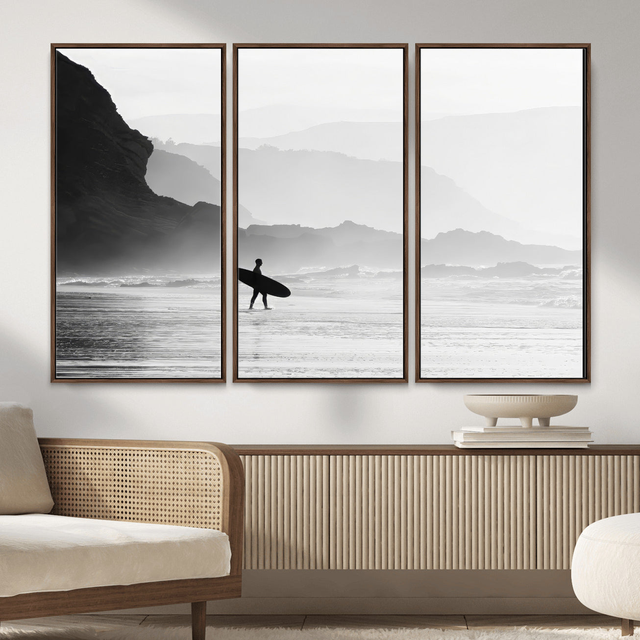 MGV-FC-48X32-3P - Surfer In Fog Wall Art Canvas Print, Framed Moody Shoreline Art Picture Print, Cliffside Waves Perfect Minimalist Coastal Decor Artwork