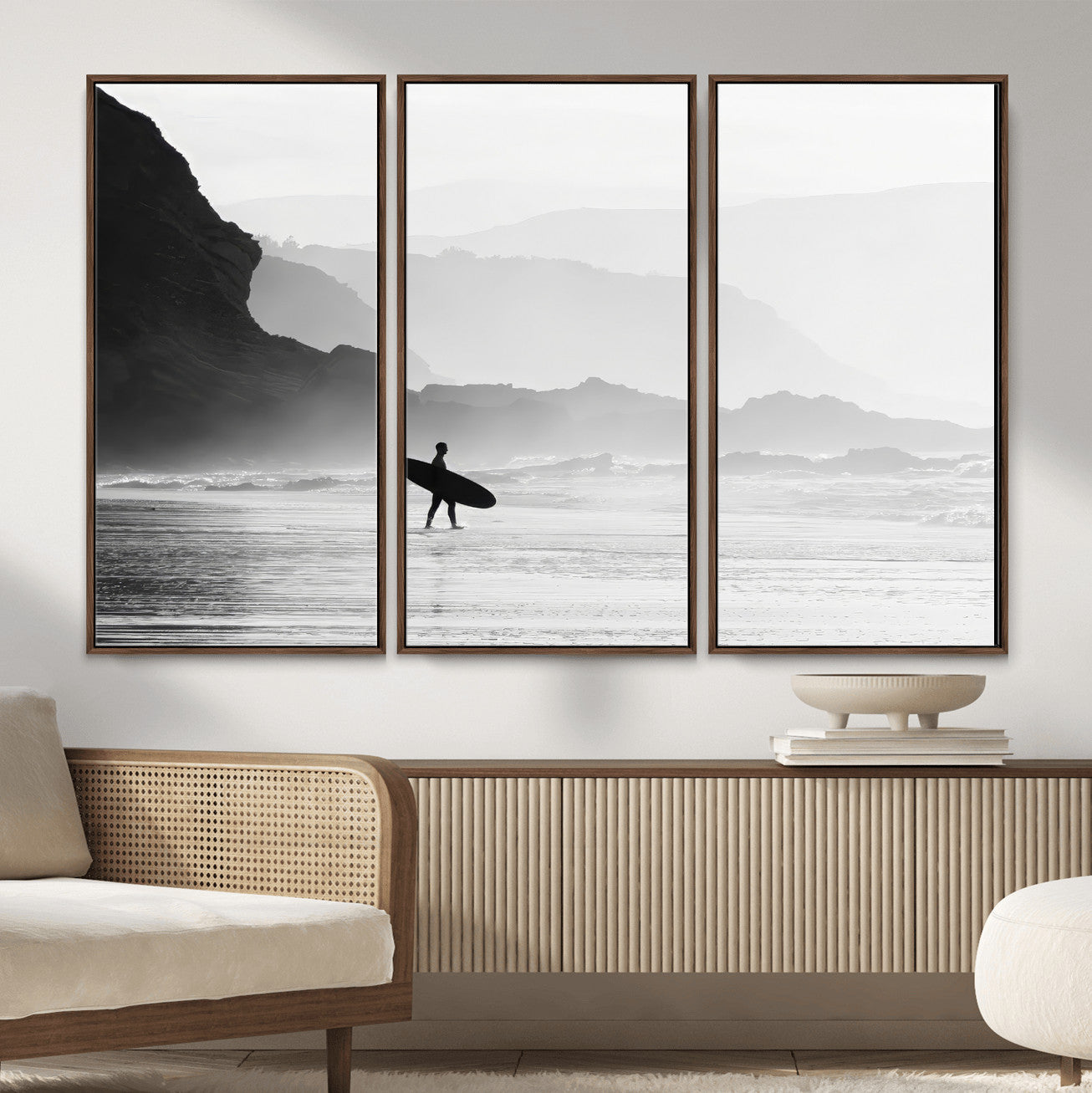 MGV-FC-48X32-3P - Surfer In Fog Wall Art Canvas Print, Framed Moody Shoreline Art Picture Print, Cliffside Waves Perfect Minimalist Coastal Decor Artwork