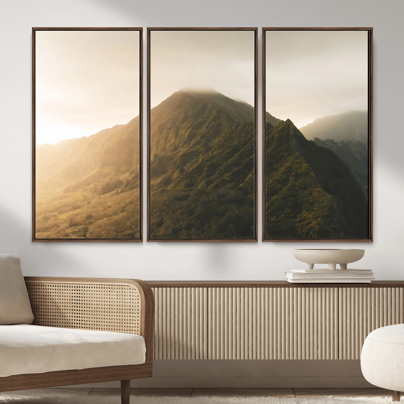 42338636-MGV-FC-48X32-3P_Walnut-Mountain Wall Art – Framed Sunset Landscape Canvas Artwork, Serene Nature Design, Rustic Decor for Home, Office