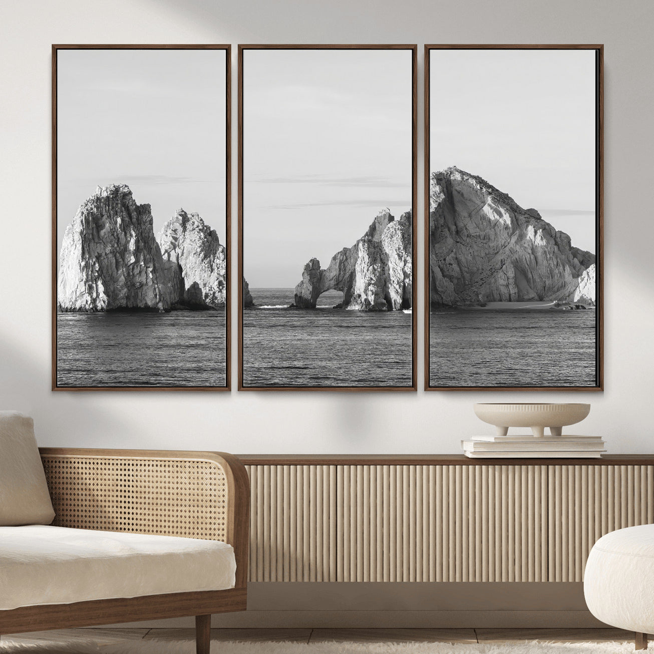 MGV-FC-48X32-3P - Rugged Coastline Wall Art Canvas Print, Framed Ocean Cliffs Art Picture Print, Monochrome Seascape Perfect Coastal Minimalist Decor Artwork