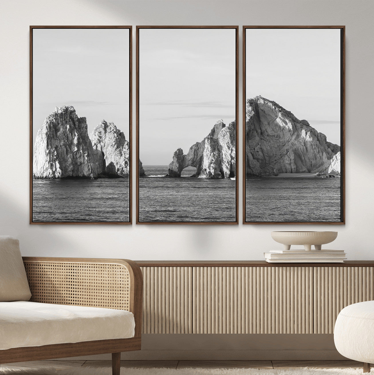 MGV-FC-48X32-3P - Rugged Coastline Wall Art Canvas Print, Framed Ocean Cliffs Art Picture Print, Monochrome Seascape Perfect Coastal Minimalist Decor Artwork