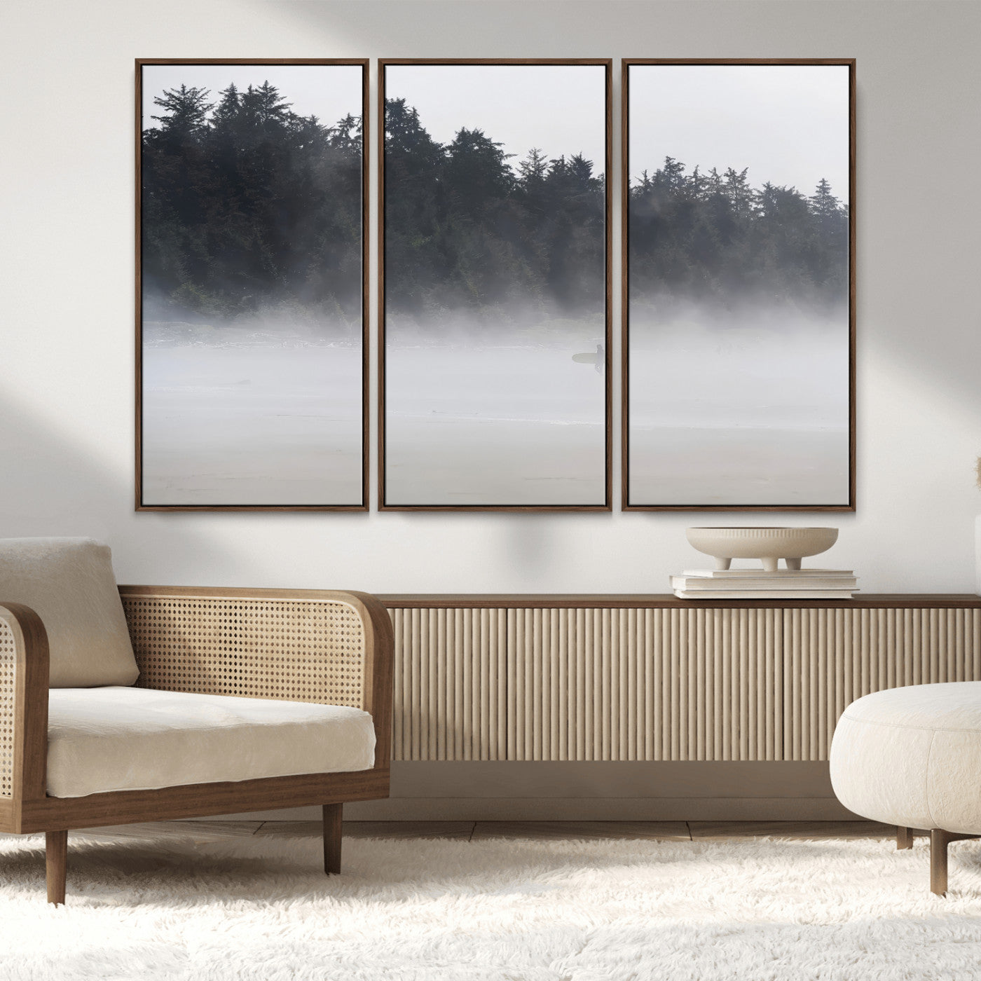 59703275-MGV-CV-36X24-Surfer Fog Wall Art Canvas Print – Framed Foggy Beach Scene with Coastal Surf Artwork for Home, Office, Living Room