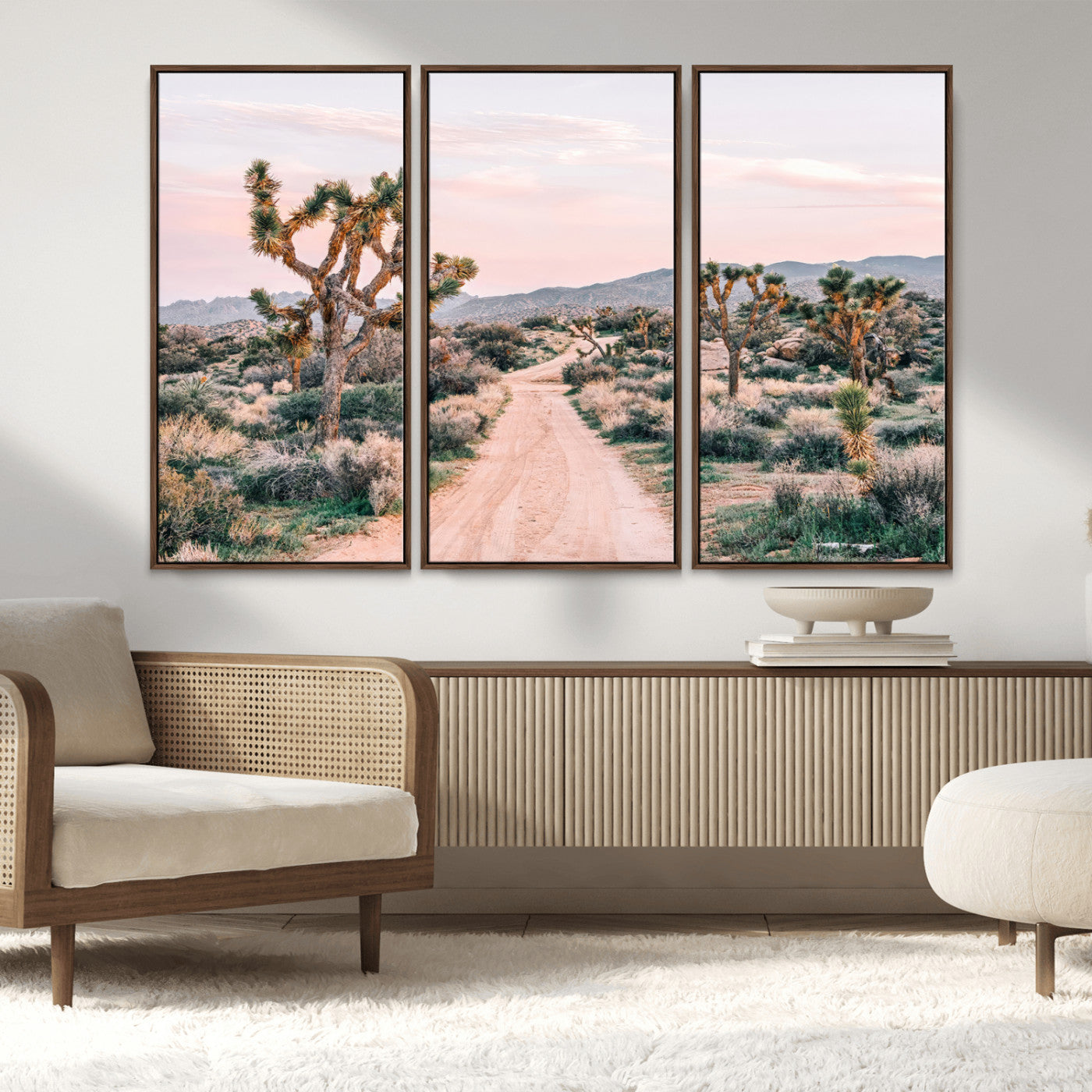 MGV-FC-48X32-3P - Desert Trail Wall Art – Canvas Print of Joshua Trees & Sunset Glow, Sandy Path Wilderness, Scenic Nature Escape Decor for Living Room, Office or Bedroom