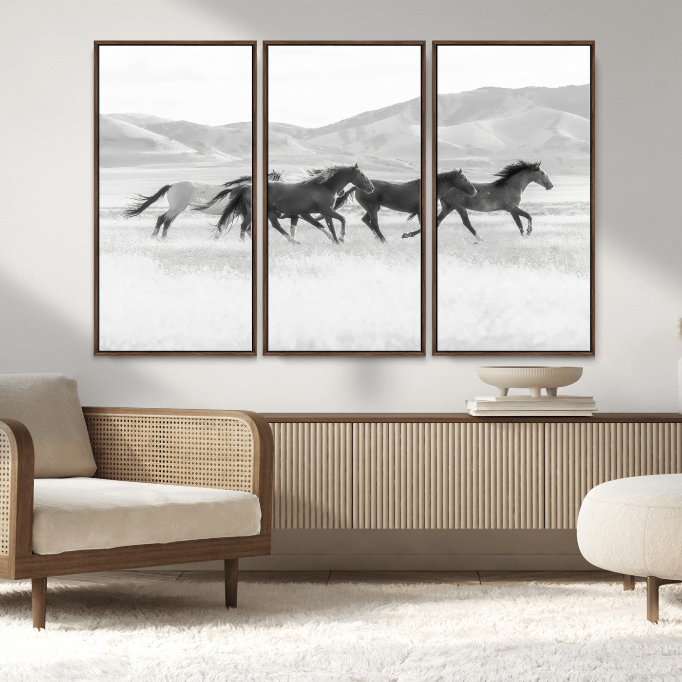 MGV-FC-48X32-3P - Wild Horses Wall Art – Black & White Canvas Print of Herd Running, Nature in Motion, Freedom & Beauty Decor for Guest Room, Office or Living Room