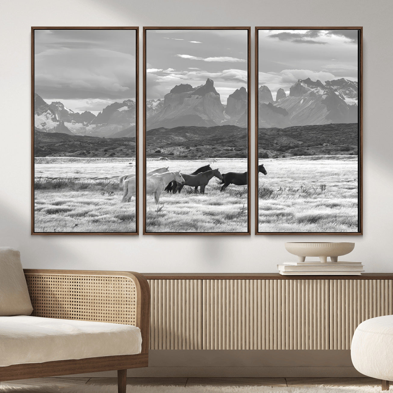 MGV-FC-48X32-3P - Wild Horses Wall Art Canvas Print, Framed Black White Mountains Art Picture Print, Rustic Countryside Perfect Rustic Western Decor Artwork