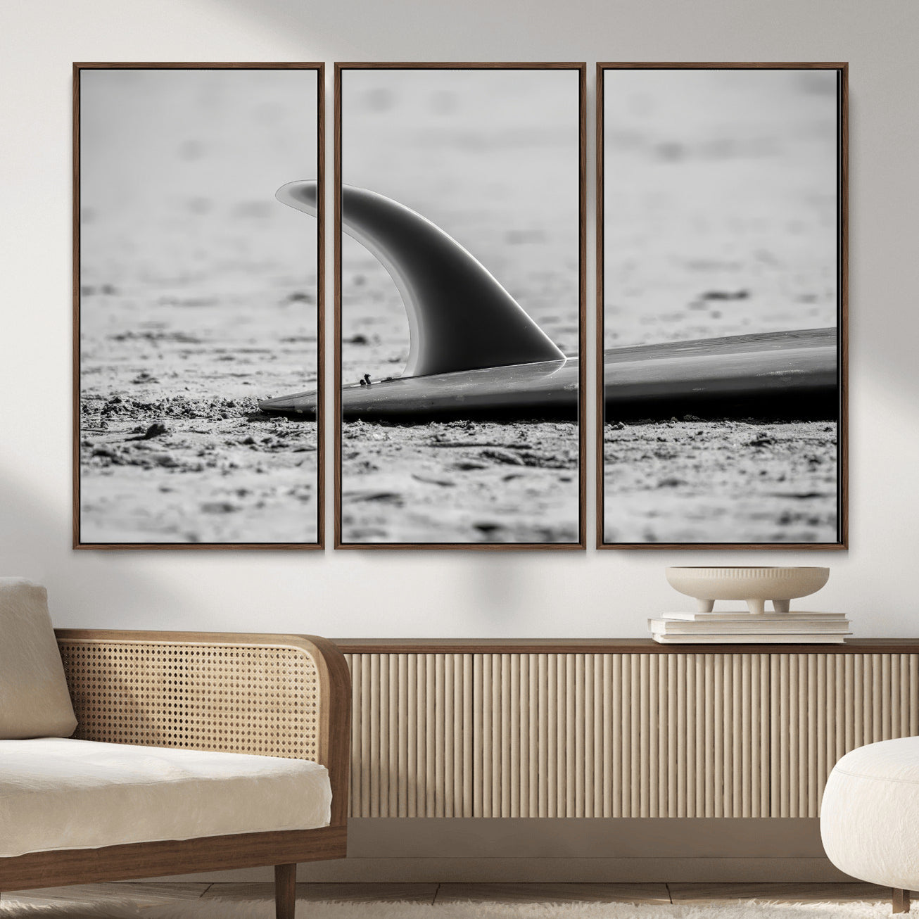 MGV-FC-48X32-3P - Black White Surfboard Wall Art Canvas Print, Framed Minimalist Beach Art Picture Print, Surf Fin Perfect Minimalist Coastal Decor Artwork