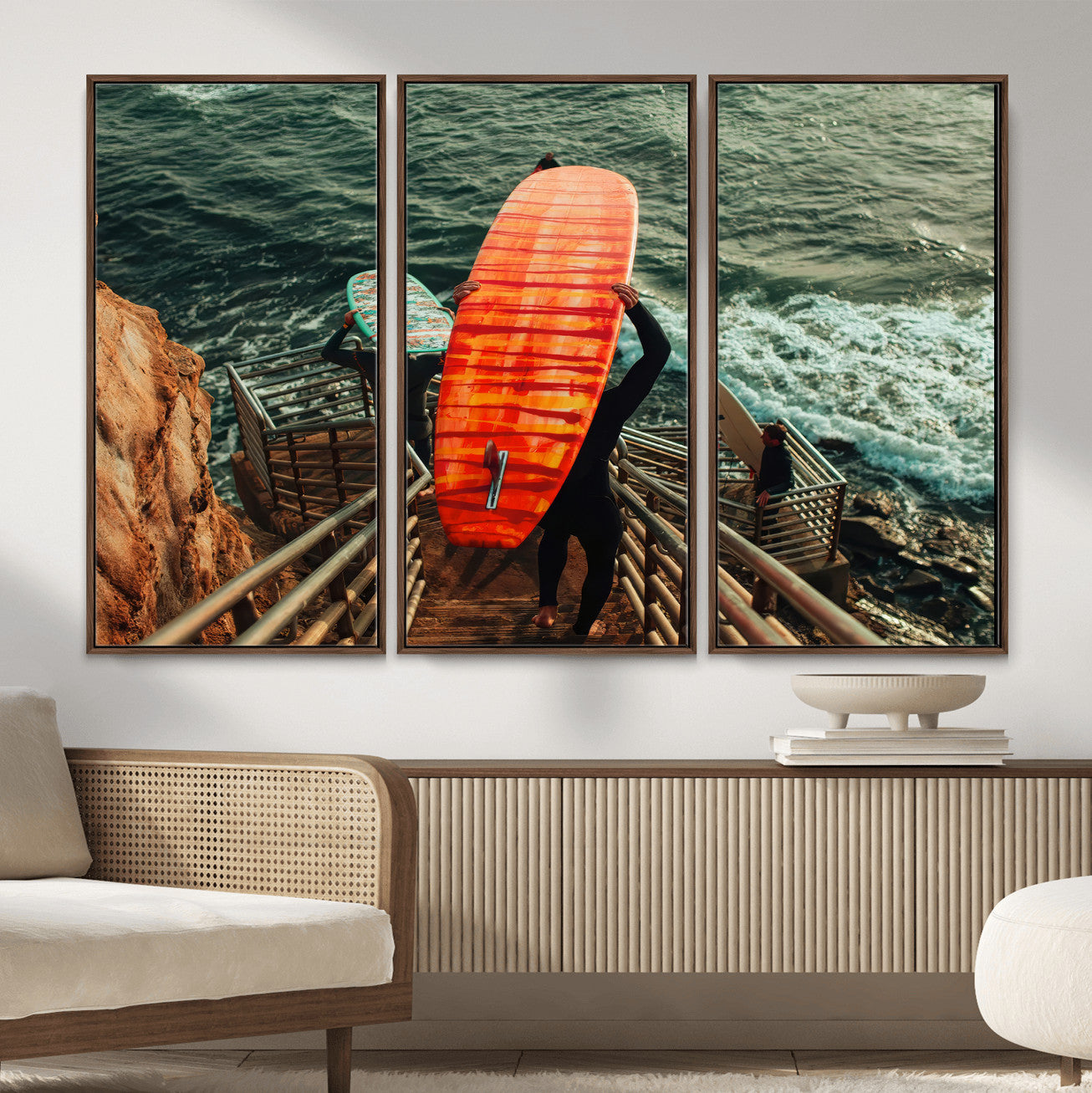 MGV-FC-48X32-3P - Surfer Stairway Wall Art Canvas Print, Framed Ocean Surf Art Picture Print, Sunset Coastal Perfect Coastal Adventure Decor Artwork