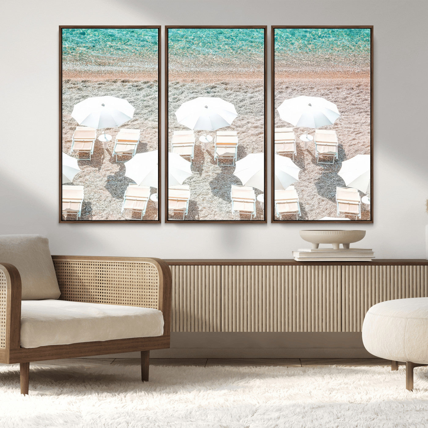 MGV-FC-48X32-3P - Calm Beach Wall Art Canvas Print, Framed Turquoise Water Art Picture Print, Umbrella Shoreline Perfect Coastal Minimalist Decor Artwork