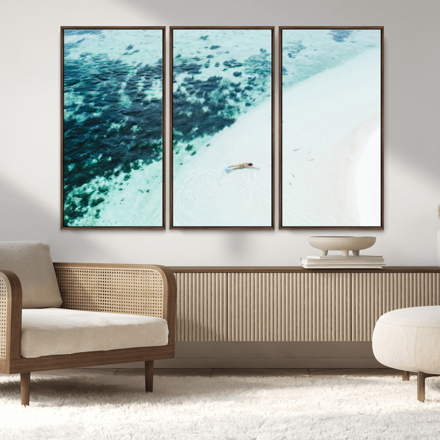 33764764-MGV-FC-48X32-3P_Walnut-Minimal Beach Wall Art – Framed Ocean Swimming Canvas Artwork, Clear Blue Sea Design, Modern Coastal Decor for Home, Office