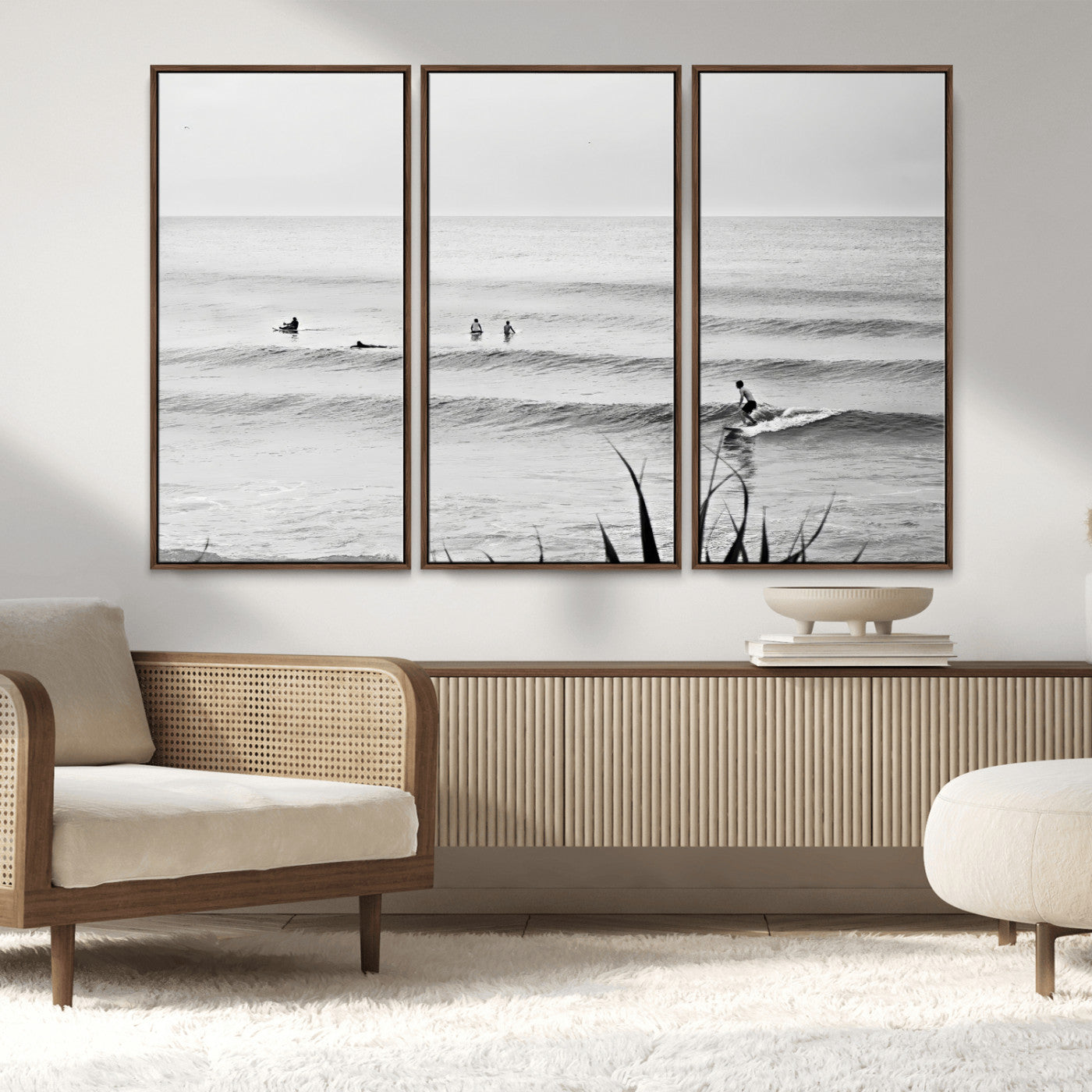 33821421-MGV-FC-48X32-3P_Walnut-Surfer Silhouette Wall Art – Framed Calm Ocean Canvas Artwork, Monochrome Minimal Design, Modern Coastal Decor for Home, Office