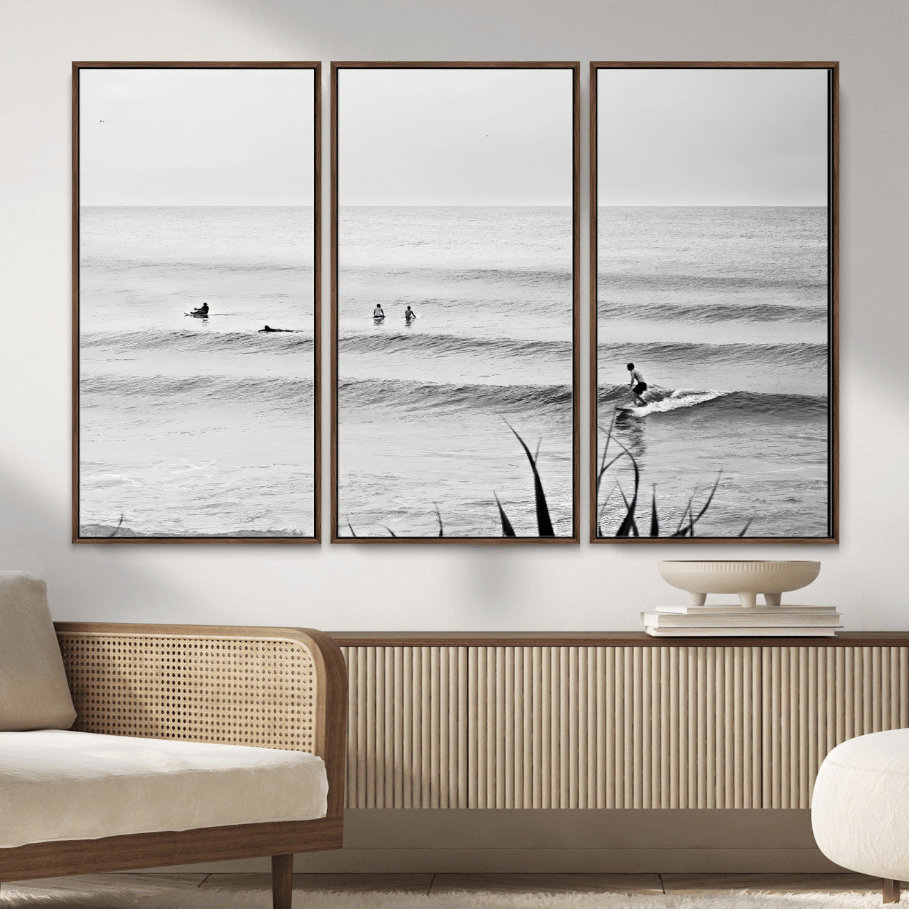 33821421-MGV-CV-36X24 - Surfer Silhouette Wall Art Canvas Print, Framed Calm Ocean Art Picture Print, Monochrome Surf Minimalist Coastal Decor Artwor