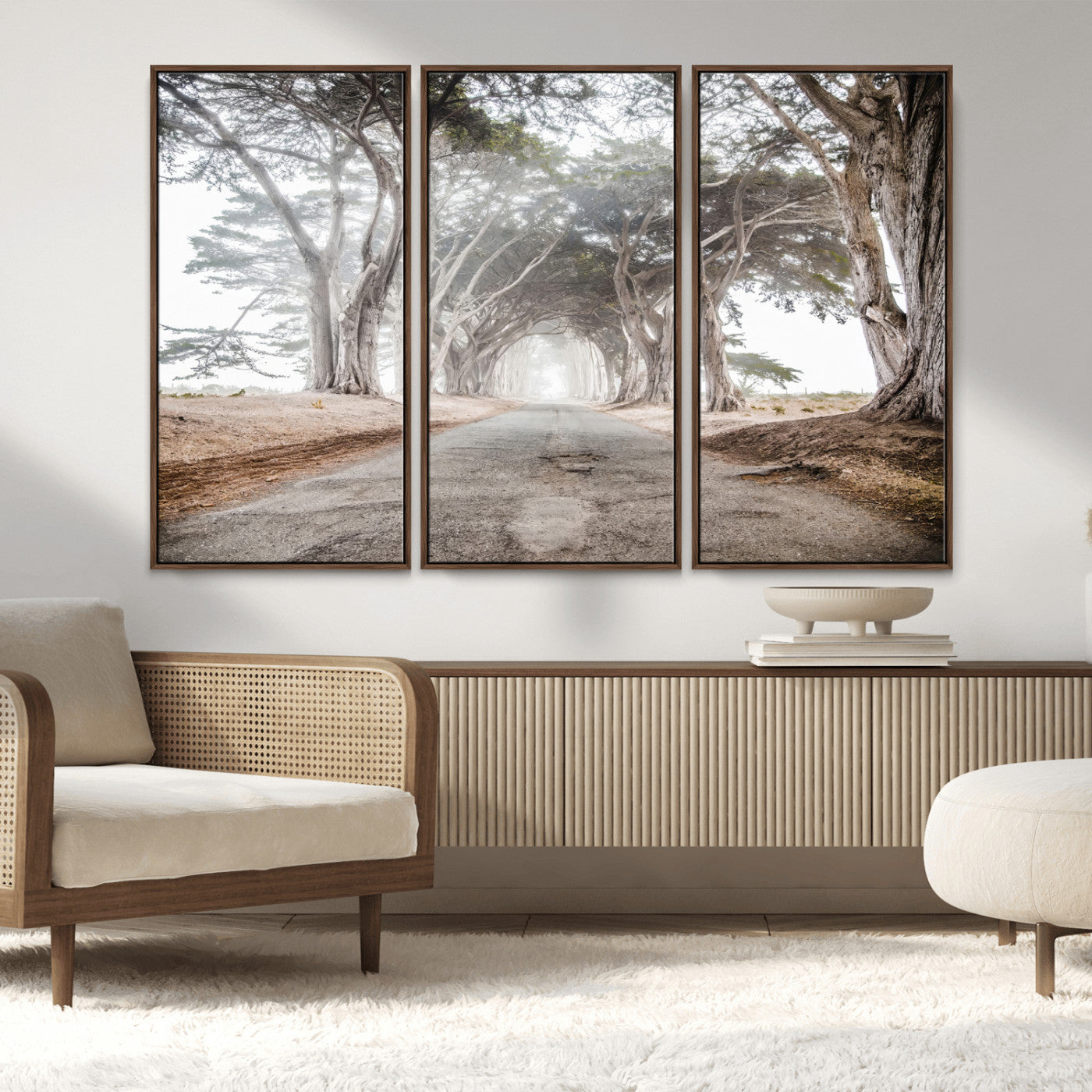 87090469-MGV-CV-36X24-Cypress Tunnel Wall Art – Framed Misty Road Canvas Artwork, Foggy Trees Design, Rustic Woodland Nature Decor for Home, Office