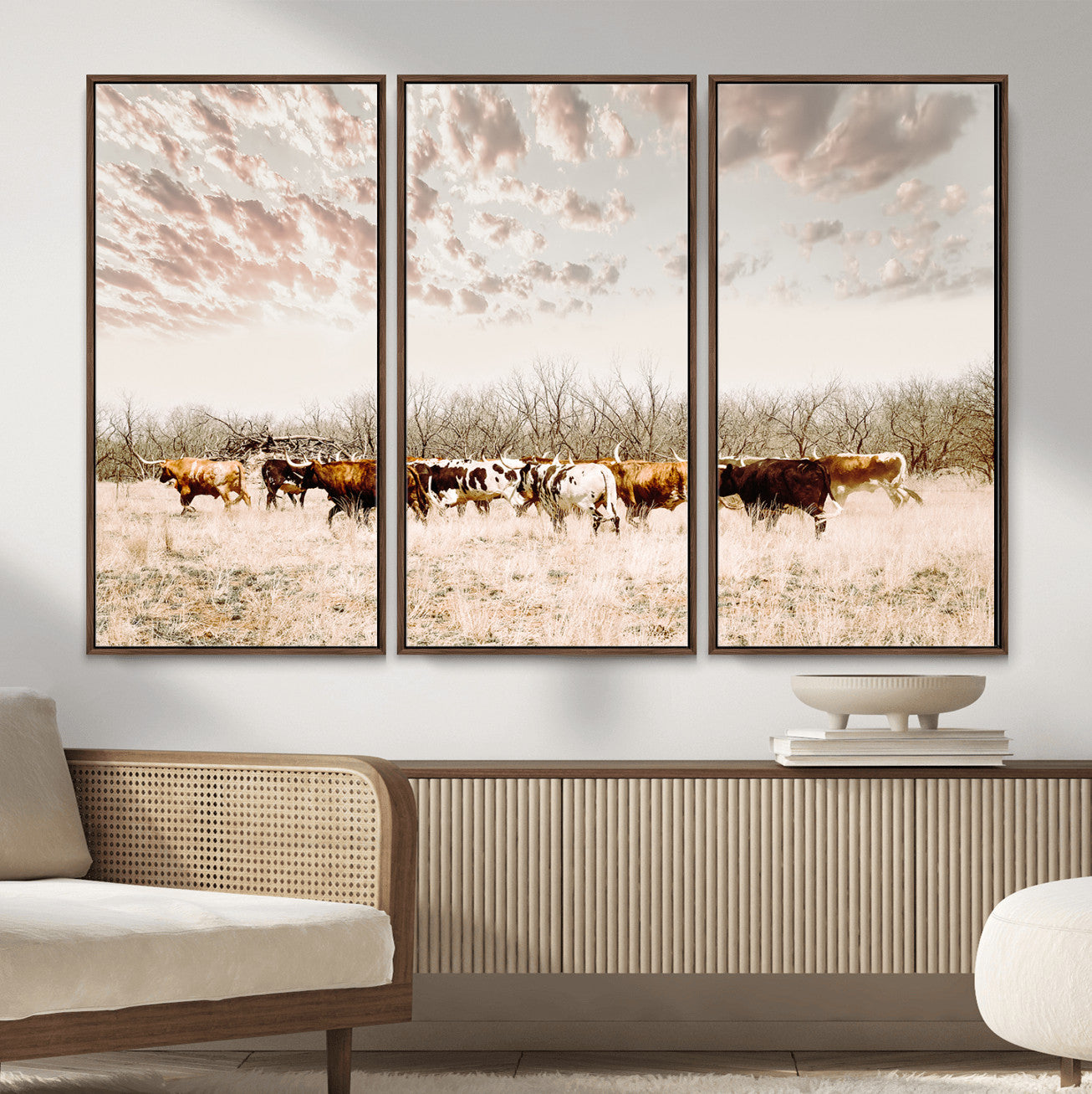64892775-MGV-CV-36X24 - Longhorn Cattle Wall Art Canvas Print, Framed Texas Ranch Art Picture Print, Western Cow Perfect Western Decor Artwork