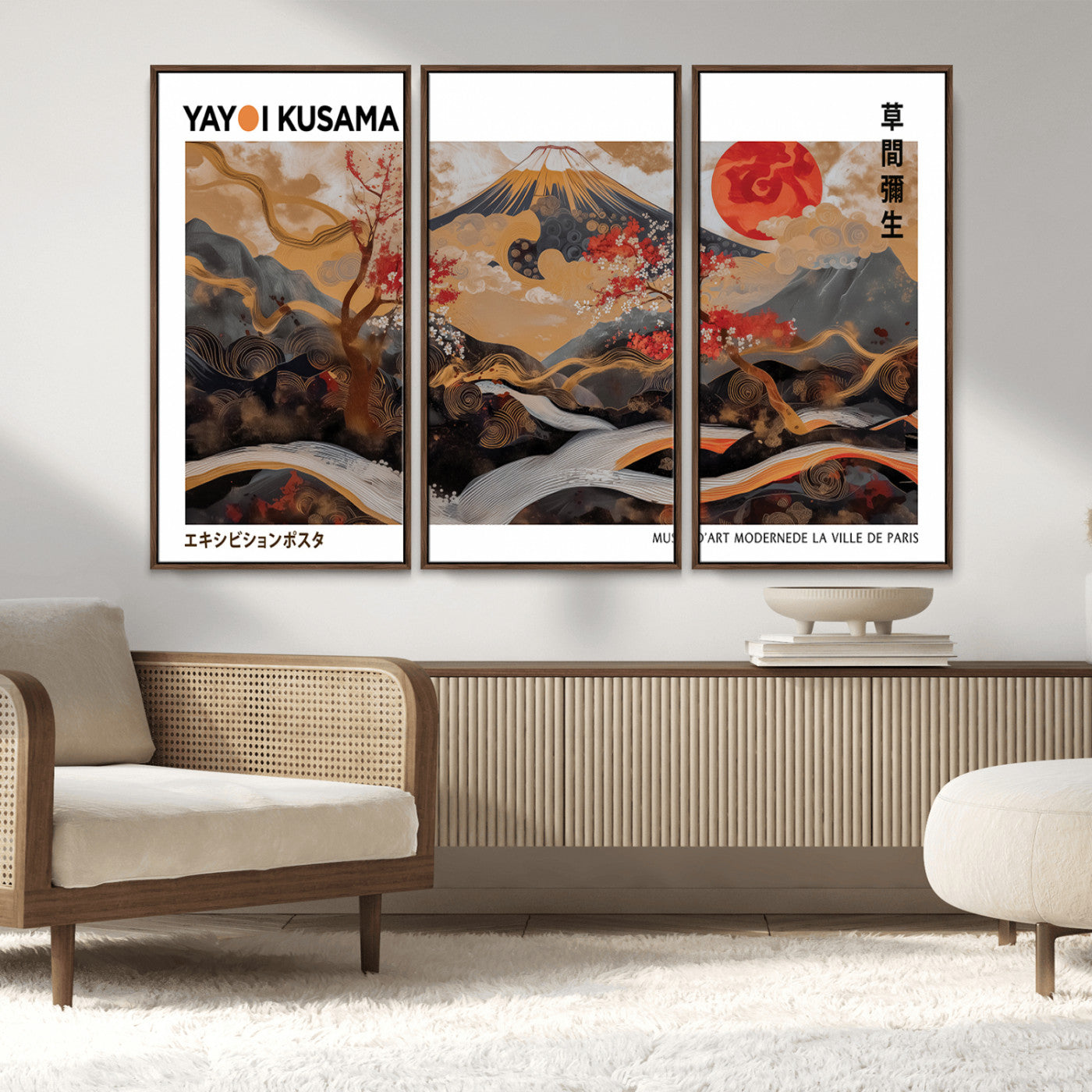 40959107-MGV-CV-36X24-Modern Japanese Wall Art Canvas Print – Framed Abstract Mount Fuji Scene Inspired Yayoi Kusama for Home, Office