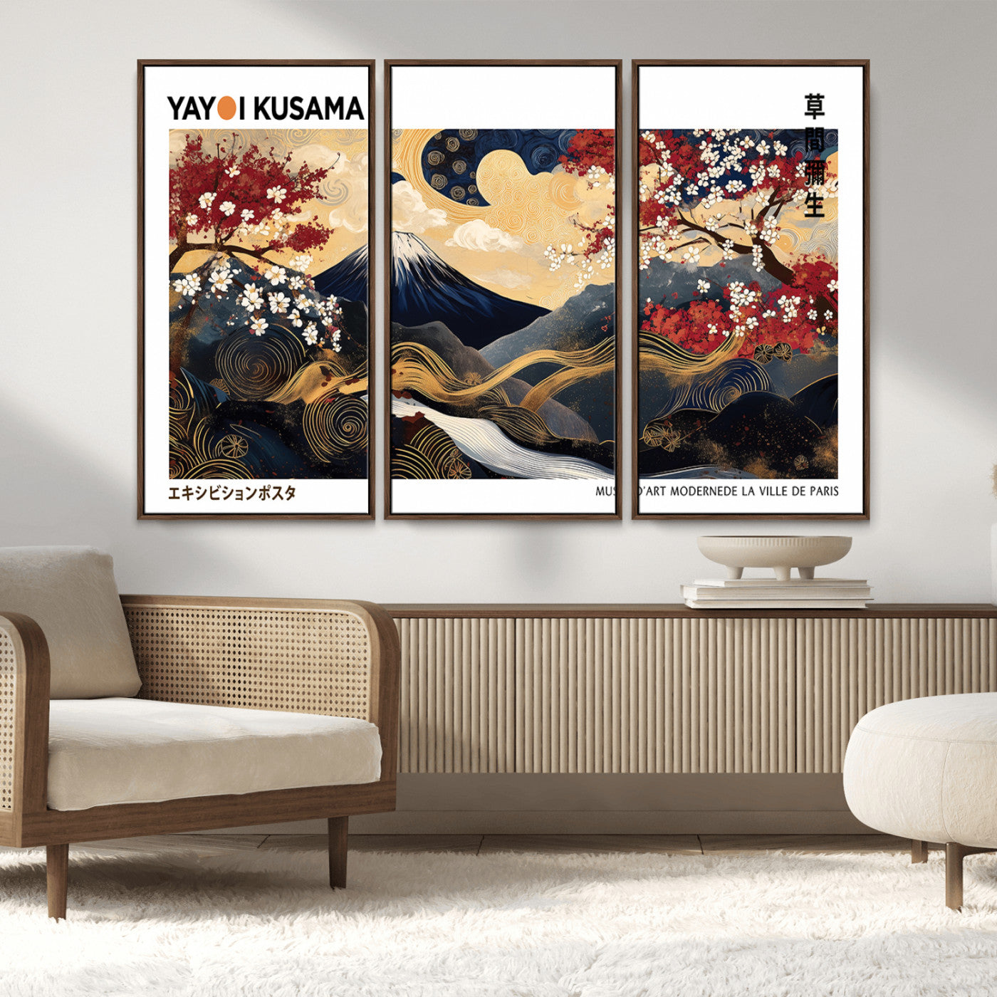66243961-MGV-CV-36X24-Modern Mount Fuji Wall Art Canvas Print – Framed Abstract Mount Fuji Scene with Yayoi Kusama Artwork for Home, Office