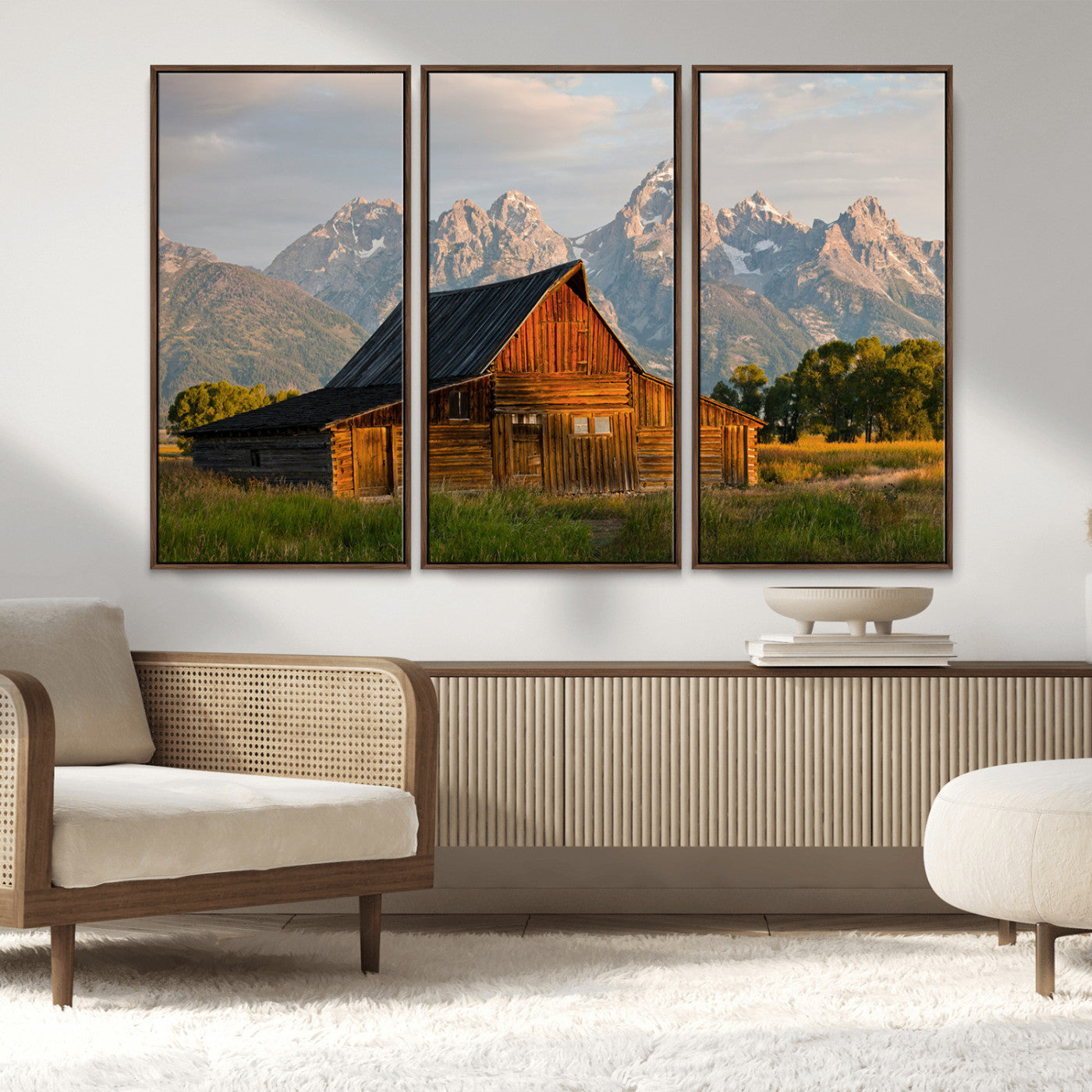 31771014-MGV-FC-48X32-3P_Walnut-Rustic Barn Wall Art Canvas Print – Framed Western Landscape Farmhouse Style Rustic Nature Scene Artwork for Home Office
