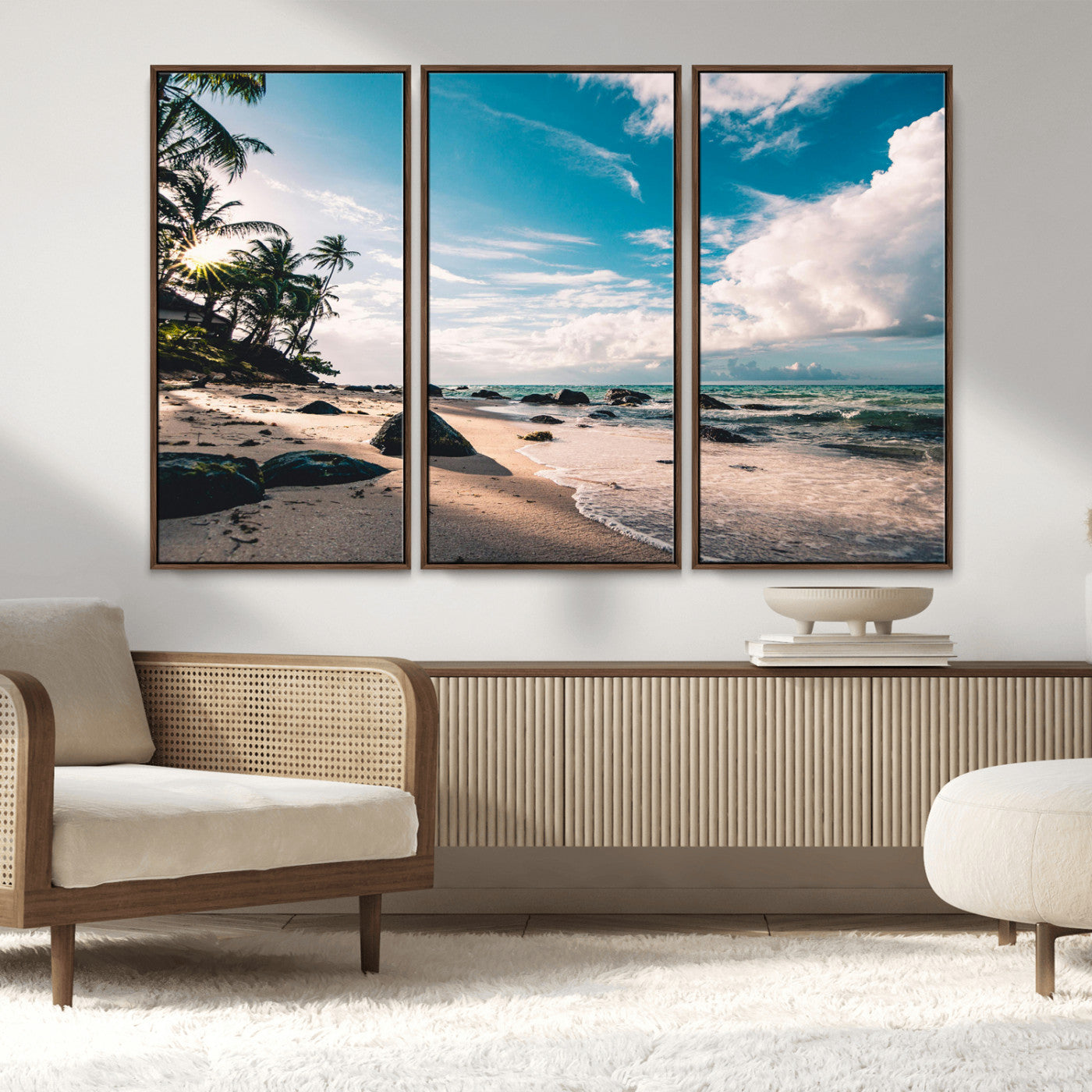 95301406-MGV-FC-48X32-3P_Walnut-Tropical Beach Wall Art Canvas Print – Framed Ocean Waves Relaxing Seascape Coastal Nature Scene Artwork for Home Office