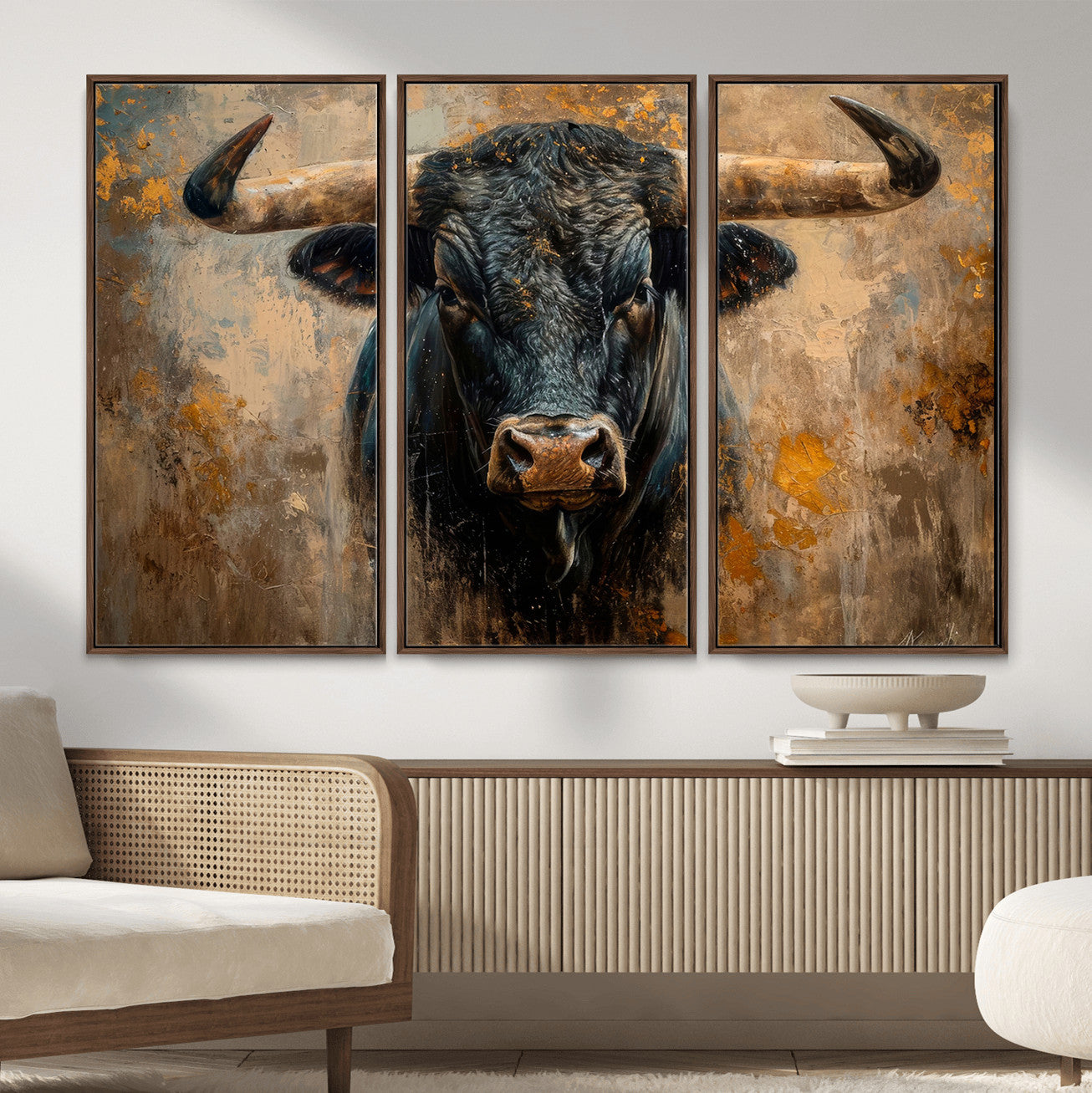 91615410-MGV-CV-36X24 - Abstract Texas Longhorn Bull Wall Art – Rustic Farmhouse Canvas Print, Western Cabin Style Decor, Large Animal Artwork for Living Room or Office