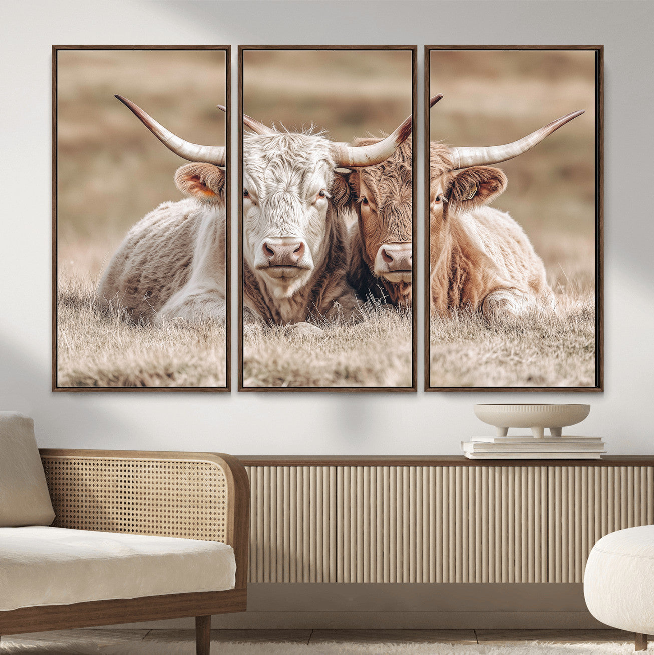 38651722-MGV-CV-36X24 - Highland Cows Meadow Canvas Wall Art – Peaceful Cow Photography Print, Rustic Farmhouse Animal Decor for Country Home, Living Room, Office