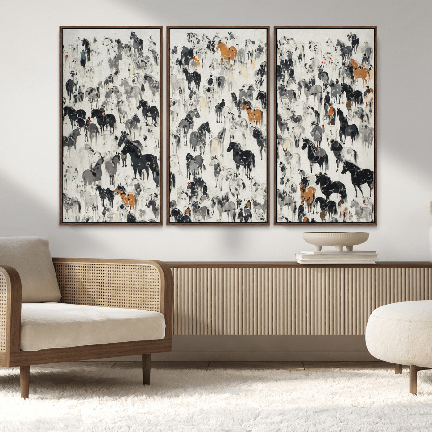 56463722-MGV-FC-48X32-3P_Walnut-Wild Horse Stampede Wall Art Canvas Print – Monochrome Running Horses Dynamic Motion Elegant Scene Artwork for Home, Office