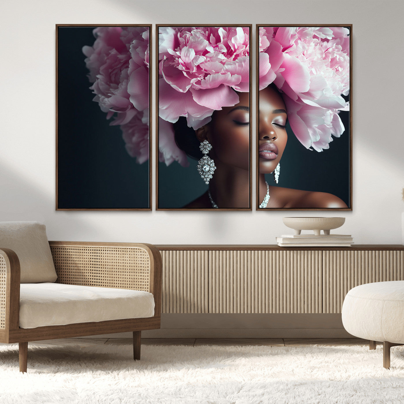35482880-MGV-FC-48X32-3P_Walnut-Black Beauty Petal Crown Wall Art Canvas Print – Floral Petal Headpiece Elegant Design, Petal Inspired Artwork for Home, Office