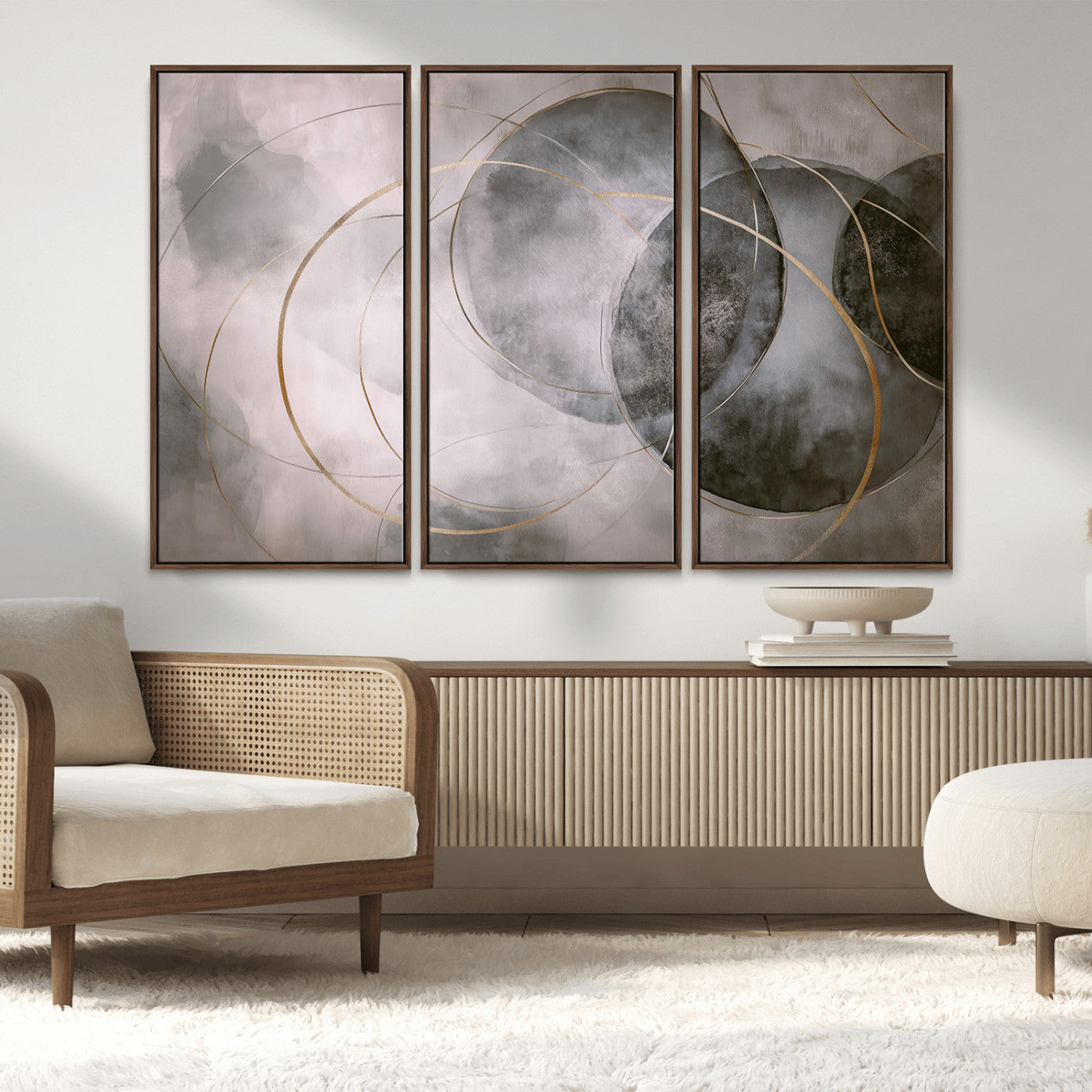 20066876-MGV-FC-48X32-3P_Walnut-Abstract Grey Gold Circle Wall Art – Modern Geometric Canvas Artwork, Minimal Elegant Design, Luxury Wall Decor for Home, Office