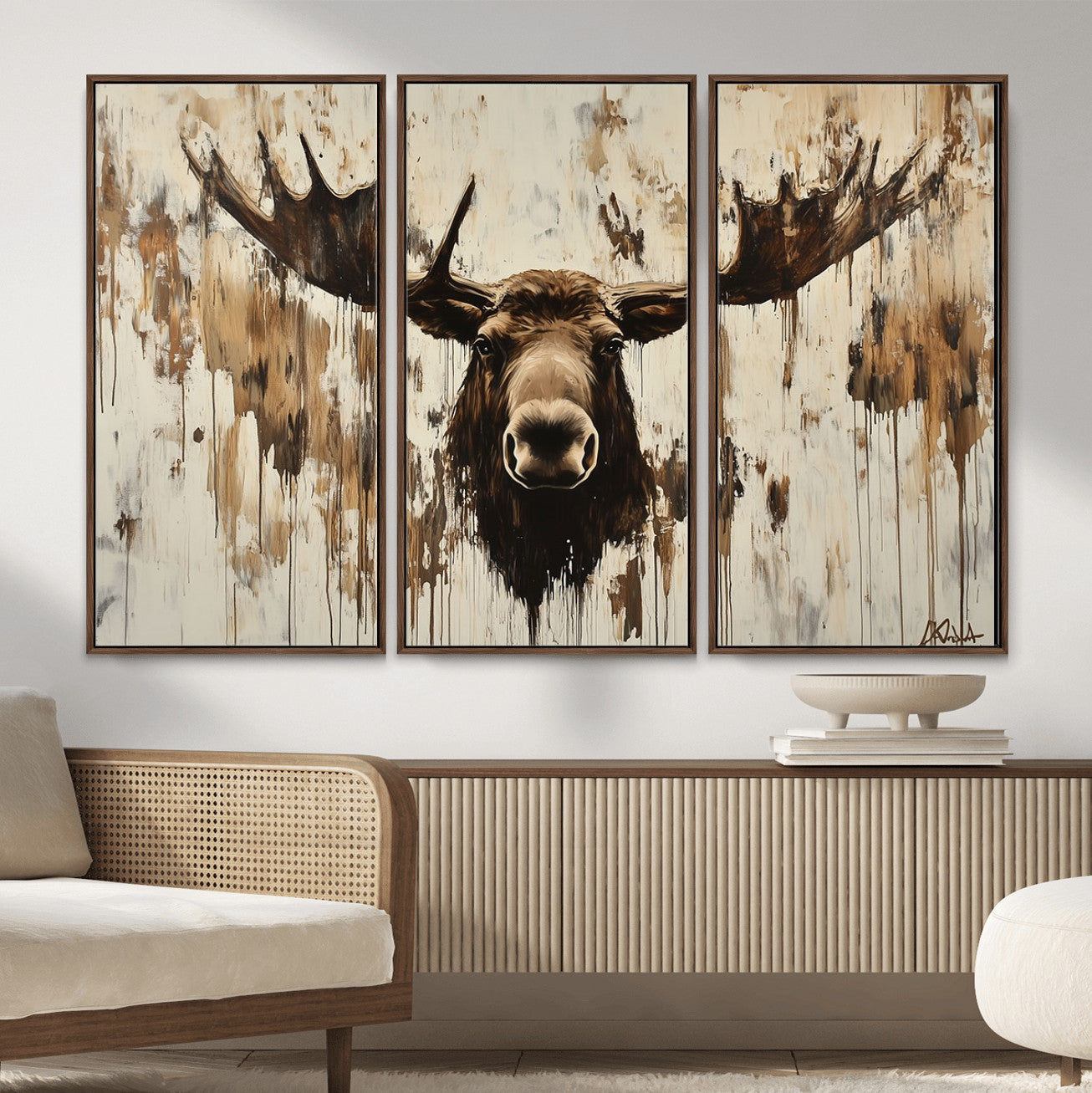 34496536-MGV-CV-36X24 - Powerful Moose Portrait Wall Art – Rich Earthy Tones, Expressive Brushstrokes, Striking Gaze, Raw Nature Vibes Decor for Home or Office