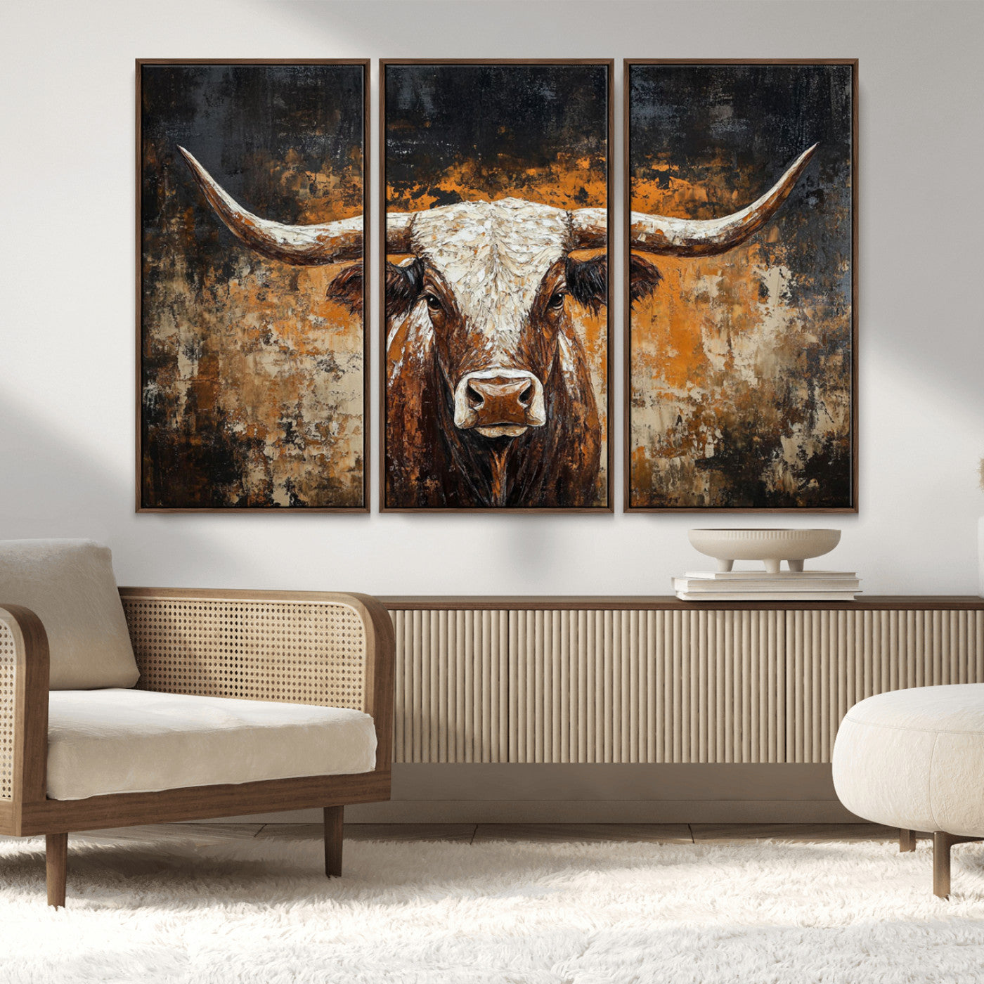 25265572-MGV-FC-48X32-3P_Walnut-Rustic Longhorn Bull Wall Art Canvas Print – Vintage Western Cattle Scene, Texas Steer Artwork for Home, Office