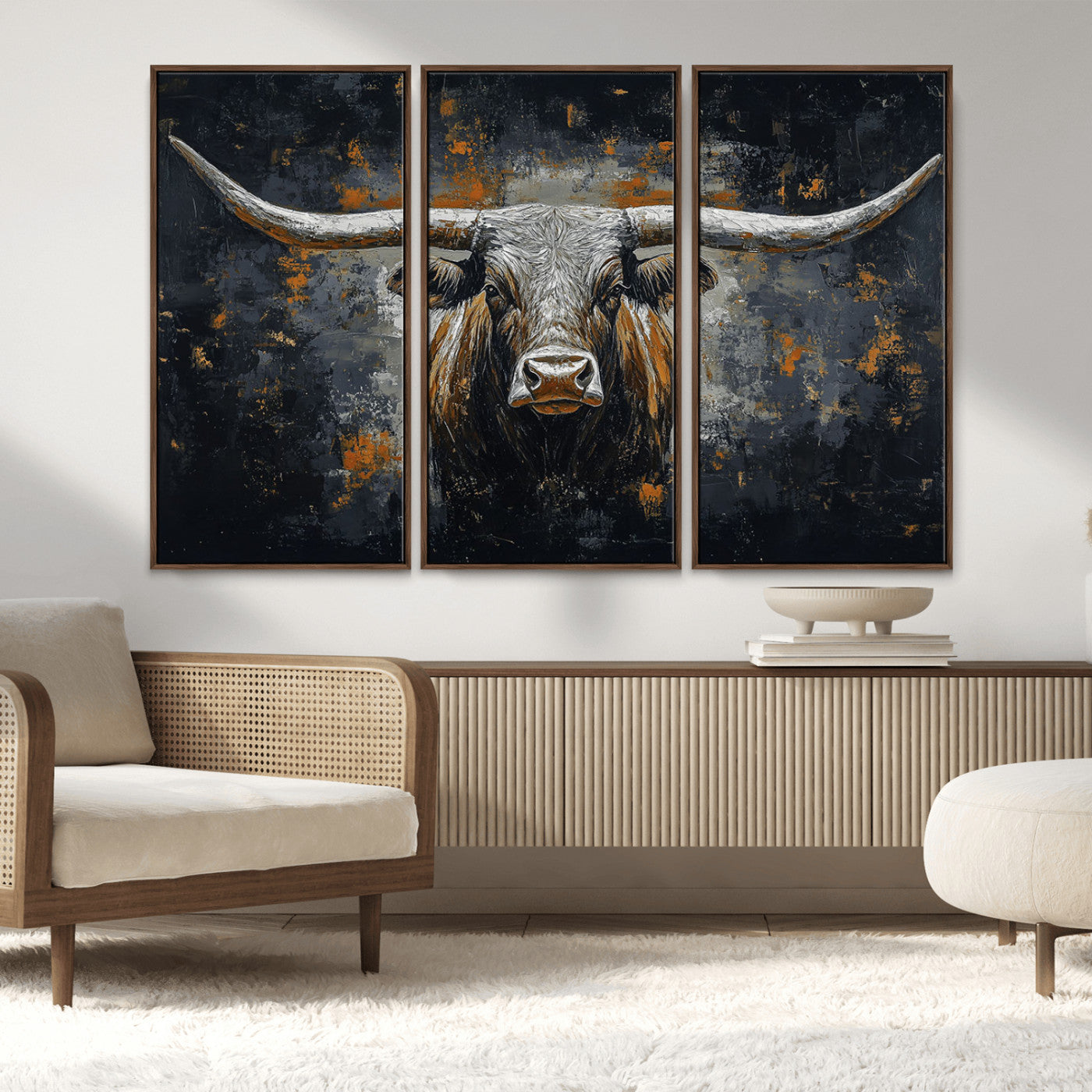 93195031-MGV-FC-48X32-3P_Walnut-Rustic Longhorn Bull Wall Art Canvas Print – Vintage Western Cattle Scene, Texas Steer Artwork for Home, Office