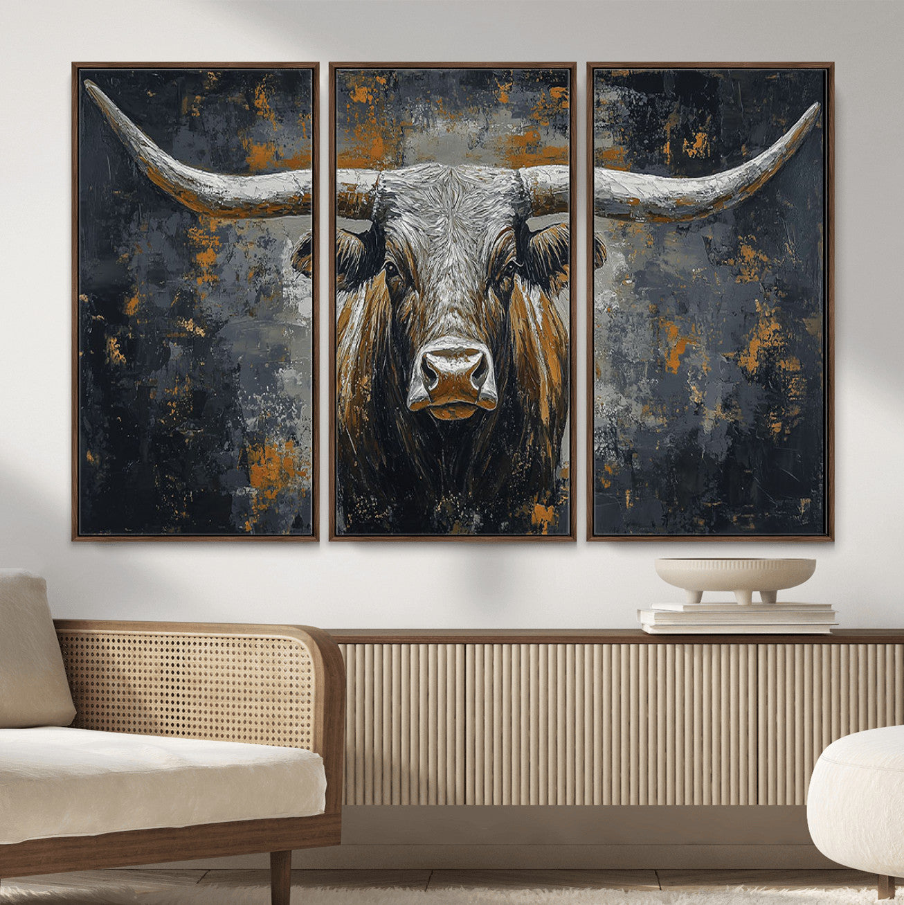 73972561-MGV-CV-36X24 - Bold Bull Wall Art Canvas – Striking Portrait with Wide Horns and Rich Brown Hues, Rustic Farmhouse and Western Decor for Home Room