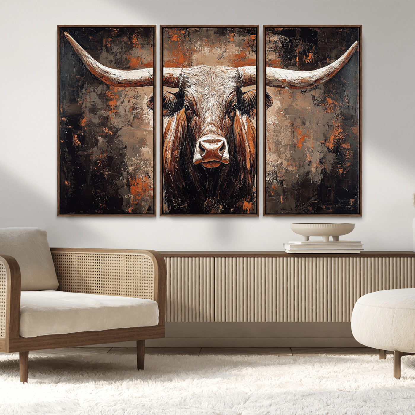 42732393-MGV-FC-48X32-3P_Walnut-Rustic Longhorn Bull Wall Art Canvas Print – Vintage Western Cattle Scene, Texas Steer Artwork for Home, Office