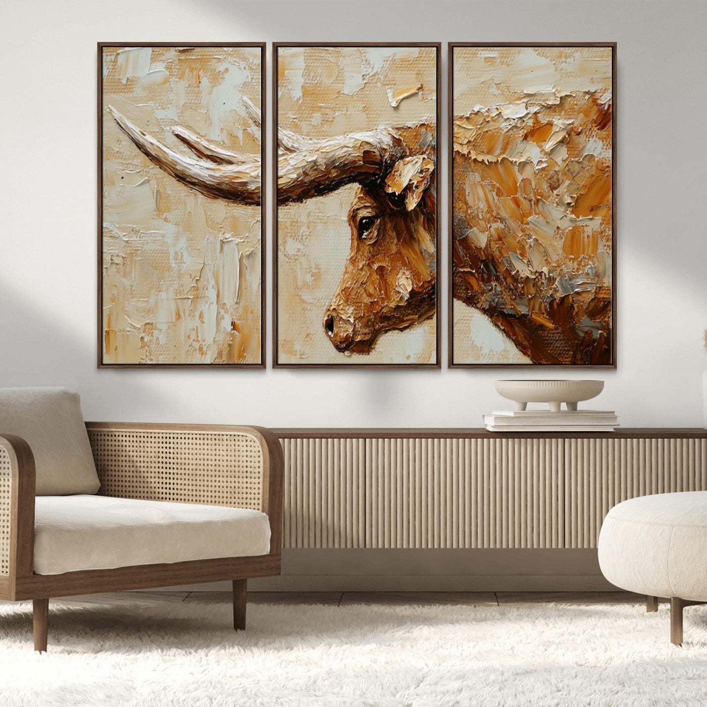 69611428-MGV-FC-48X32-3P_Walnut-Rustic Longhorn Bull Wall Art Canvas Print – Vintage Western Cattle Scene, Texas Steer Artwork for Home, Office