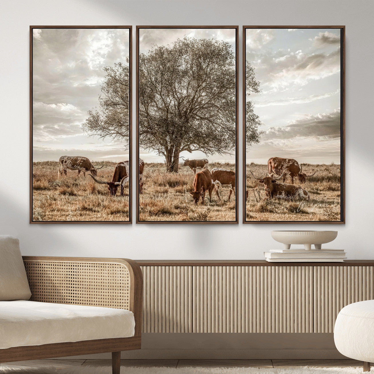 87590224-MGV-CV-36X24 - Texas Longhorn Cattle Wall Art Canvas Print – Rustic Western Ranch Scene with Steers at Sunset, Perfect for Farmhouse or Cowboy Decor