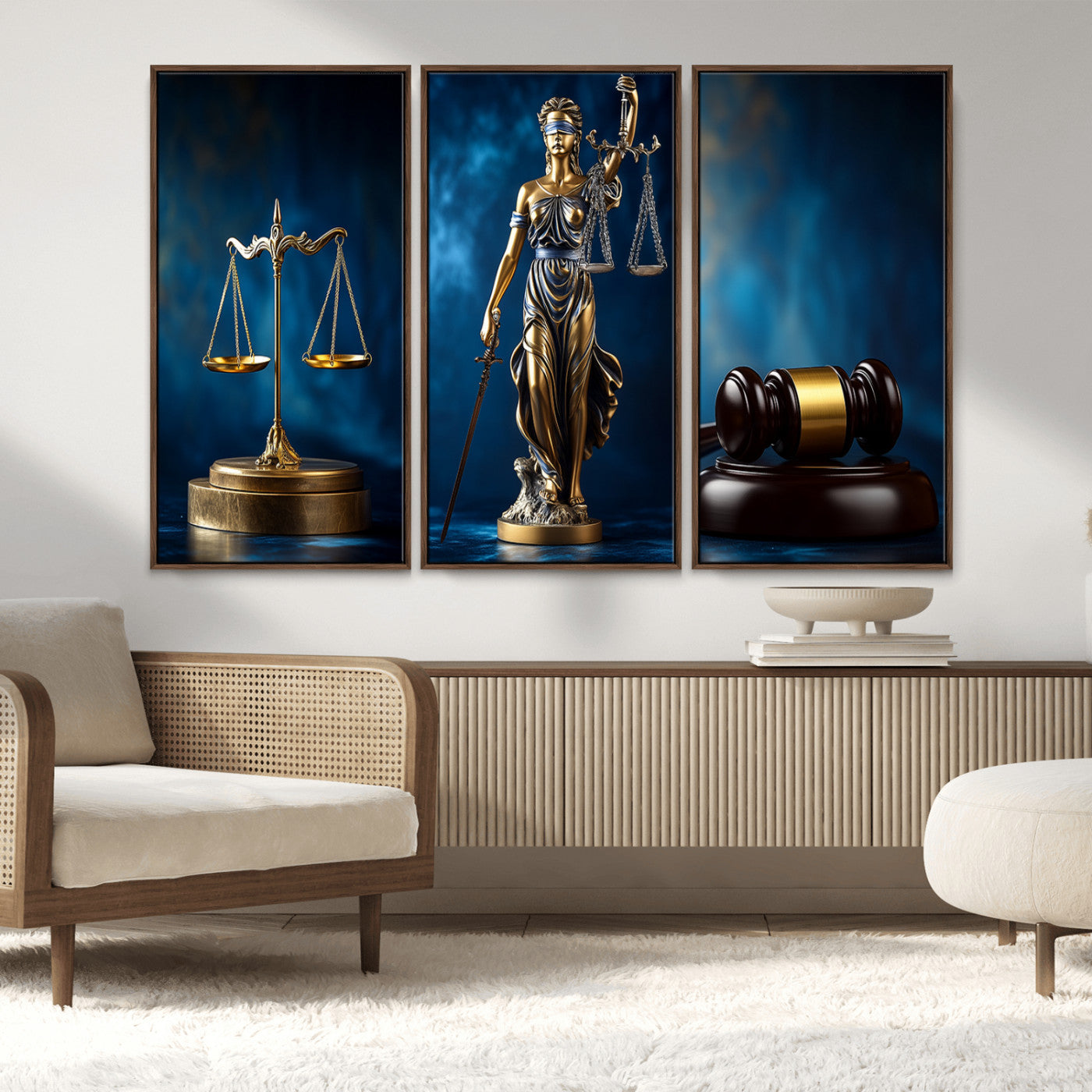 33888279-MGV-FC-48X32-3P_Walnut-Lady Justice Wall Art Canvas Print – Elegant Gold Legal Symbols Blue Background, Perfect for Law