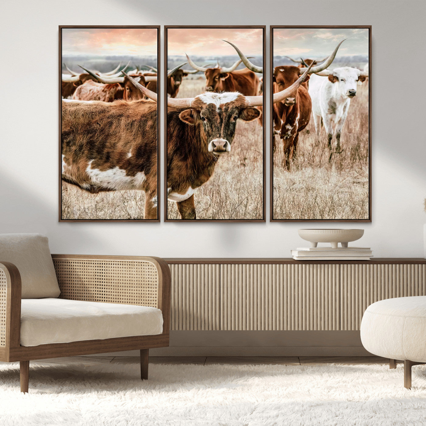 47758300-MGV-FC-48X32-3P_Walnut-Texas Longhorn Cattle Wall Art Canvas Print – Rustic Western Ranch Scene with Steers Sunset for Home, Office