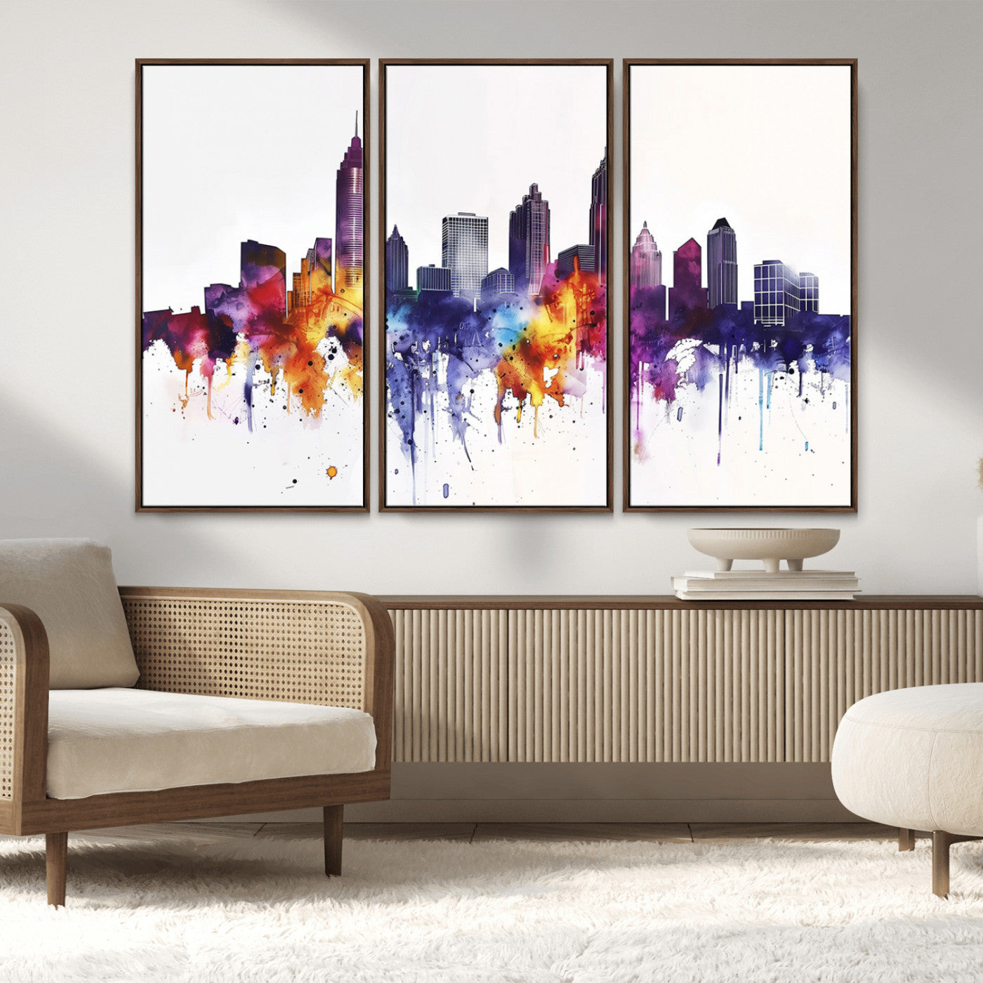 34479880-MGV-FC-48X32-3P_Walnut-Atlanta Skyline Wall Art Canvas Print – Framed Colorful Watercolor Cityscape Artwork for Home, Office, Living Room