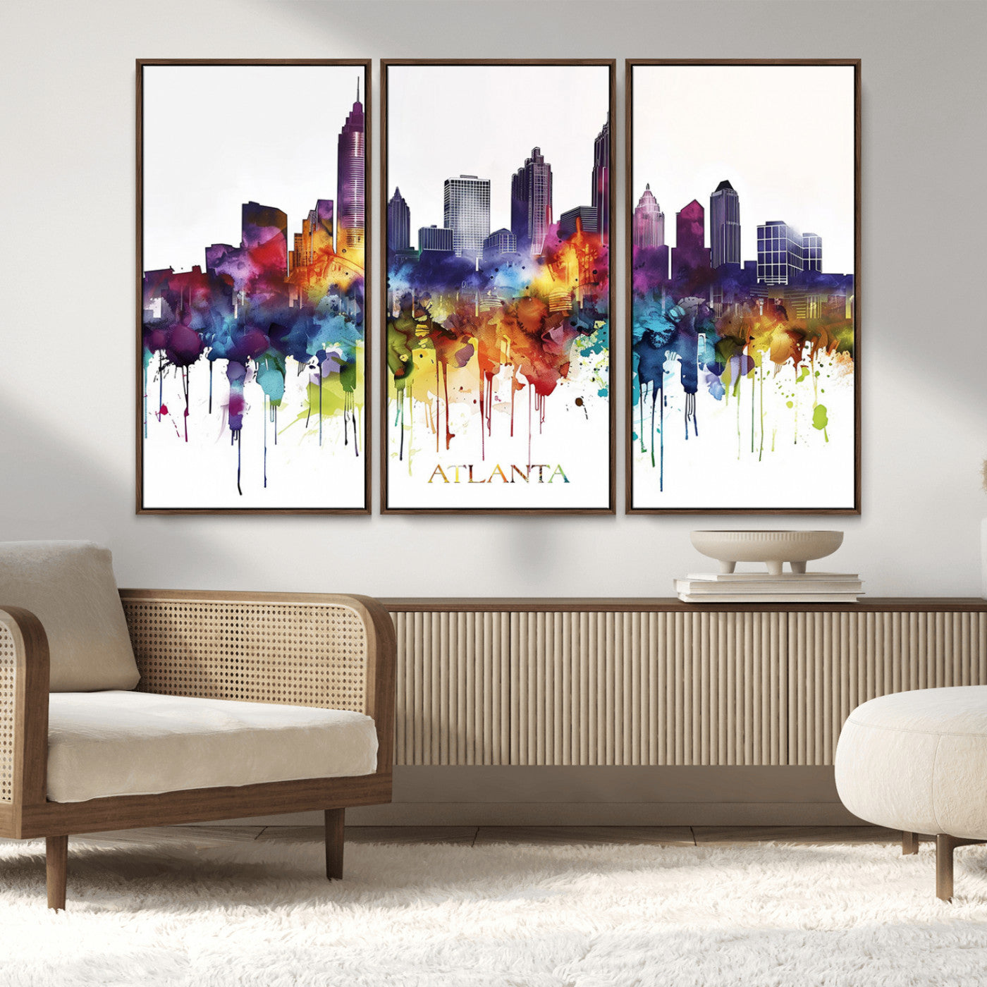 36048320-MGV-CV-36X24-Atlanta Skyline Wall Art Canvas Print – Framed Colorful Watercolor Cityscape Abstract Urban Artwork for Home, Office