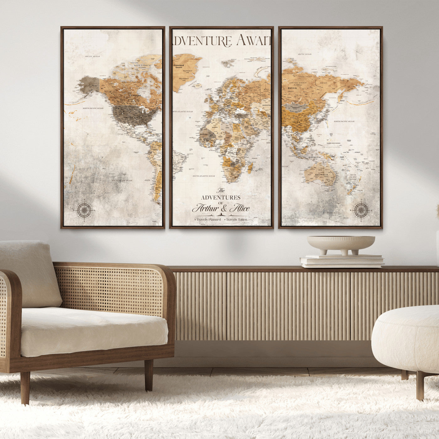 Rehber01-MGV-CV-36X24-Personalized World Map Canvas Print – Custom Push Pin Travel Map Vintage Neutral Style Gift for Couples Travelers for Home Office
