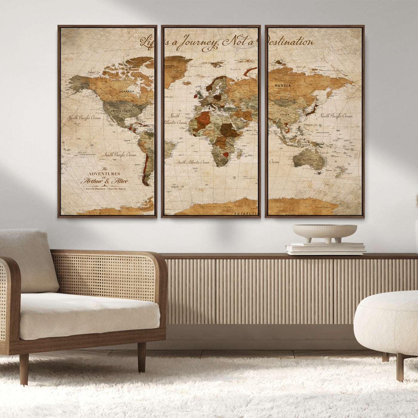 Rehber01-MGV-CV-36X24-Personalized Vintage World Map Canvas – Custom Framed Push Pin Travel Map Wall Art, Rustic Gift for Couples and Travel Lovers