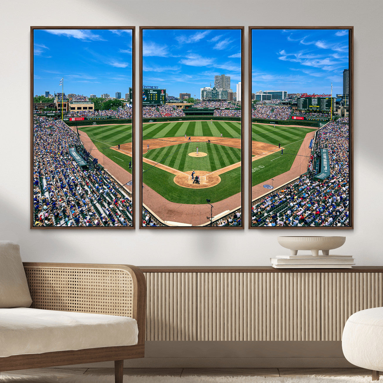 35800083-MGV-FC-48X32-3P - Wrigley Field Baseball Stadium Canvas Wall Art – Packed Crowd Sports Stadium City Skyline Artwork for Home Office