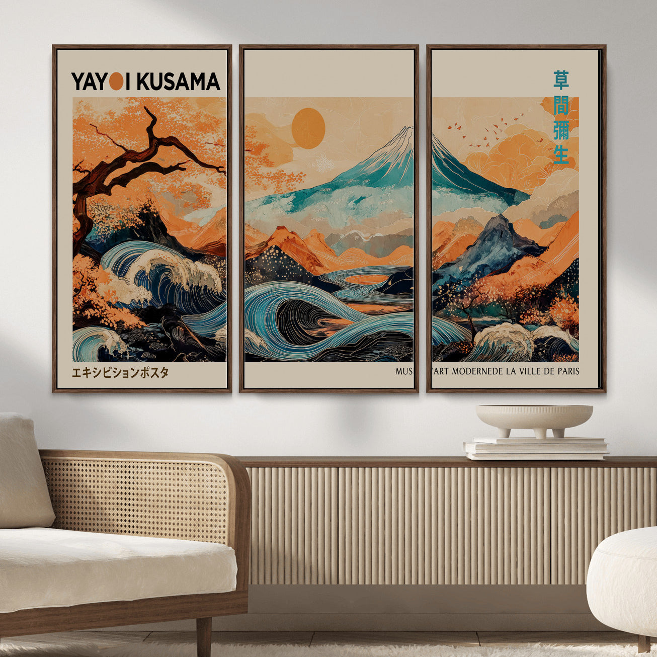 94085549-MGV-CV-36X24 - Yayoi Kusama Japanese Landscape Wall Art Canvas Print – Modern Abstract Mount Fuji Wall Art - Japanese Waves & Autumn Trees Print