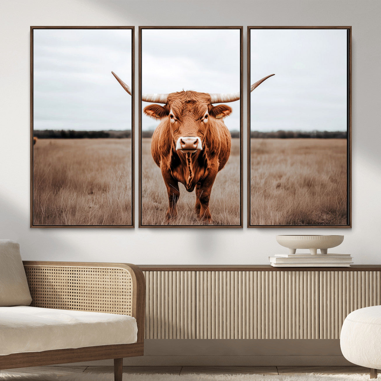 16316734-MGV-FC-48X32-3P - Longhorn bull, open field, rustic charm, natural beauty, Wall Art Canvas Print, countryside,