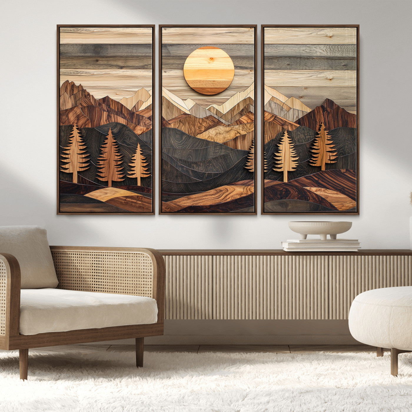 MGV-FC-48X32-3P - Wooden Mountain Layers Canvas Wall Art – Rustic Pine Tree Landscape with Sunlight Artistic Nature