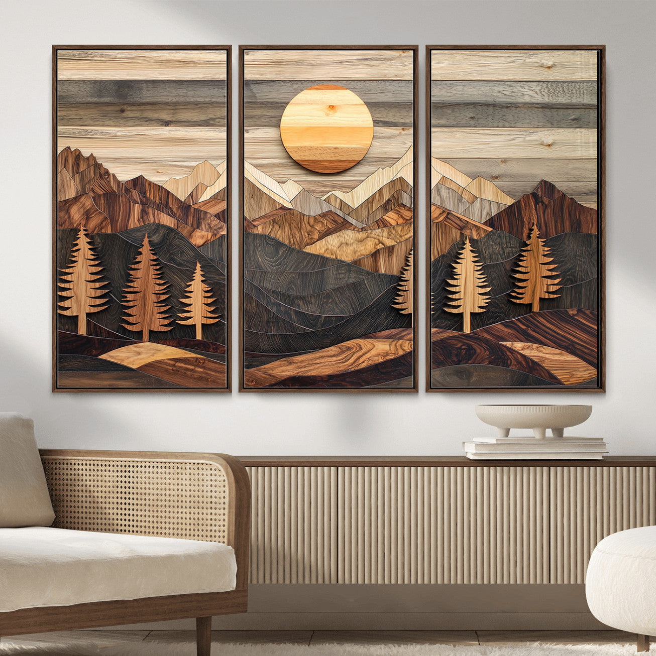 19832326-MGV-CV-36X24-Wooden mountain landscape layered texture geometric shapes sun pine trees rustic natural tones Wall