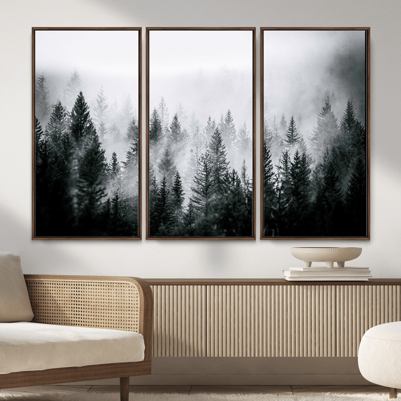 MGV-FC-48X32-3P - Foggy Pine Forest Canvas Wall Art – Black and White Nature Landscape Print, Horizontal Canvas for