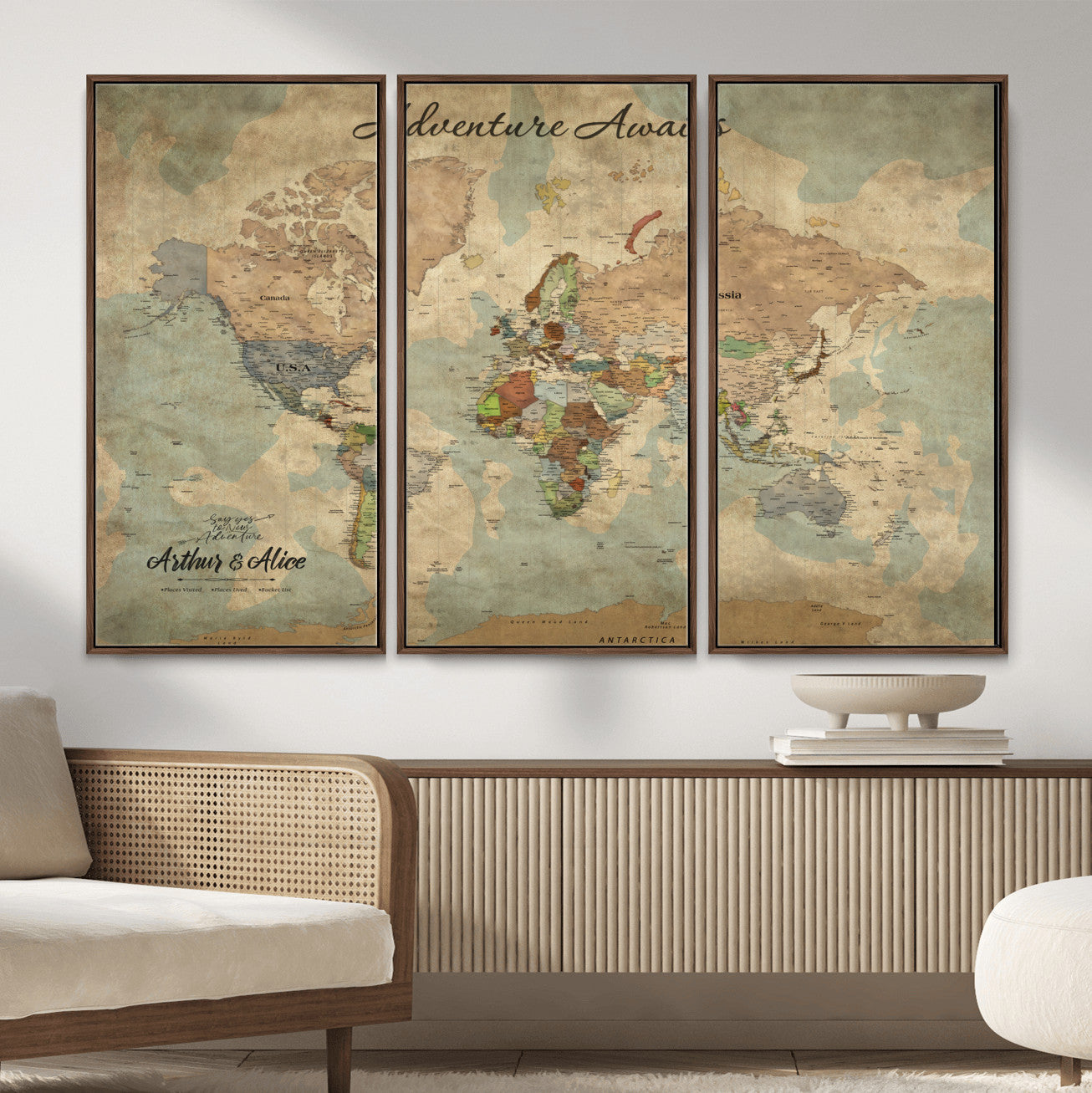 MGV-FC-48X32-3P - Personalized World Map Wall Art Canvas Print – Custom Push Pin Travel Map for Couples, Families, or Office Décor