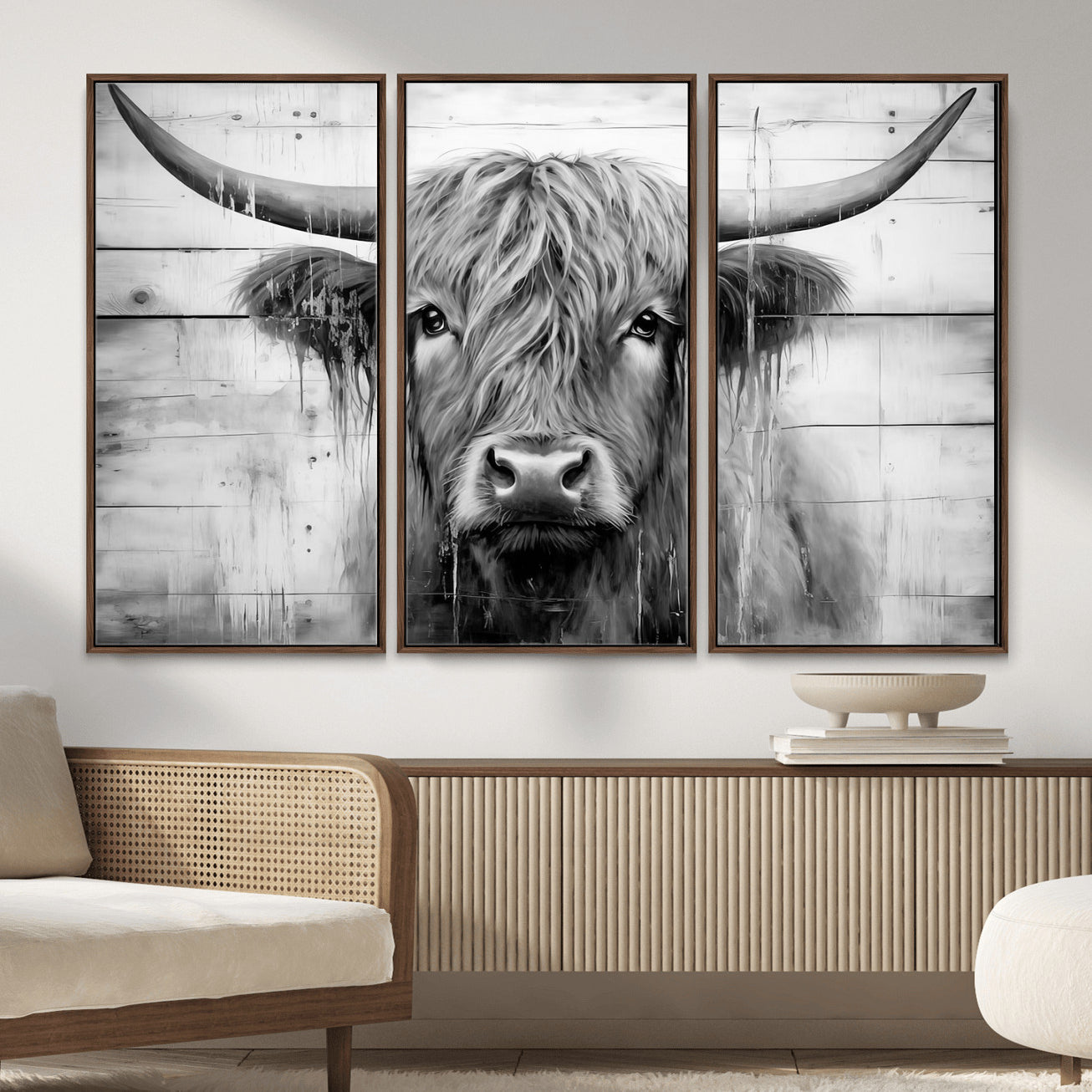 1001HASAN27-MGV-FC-48X32-3P - Black White Highland Cow Wall Art Canvas Print
