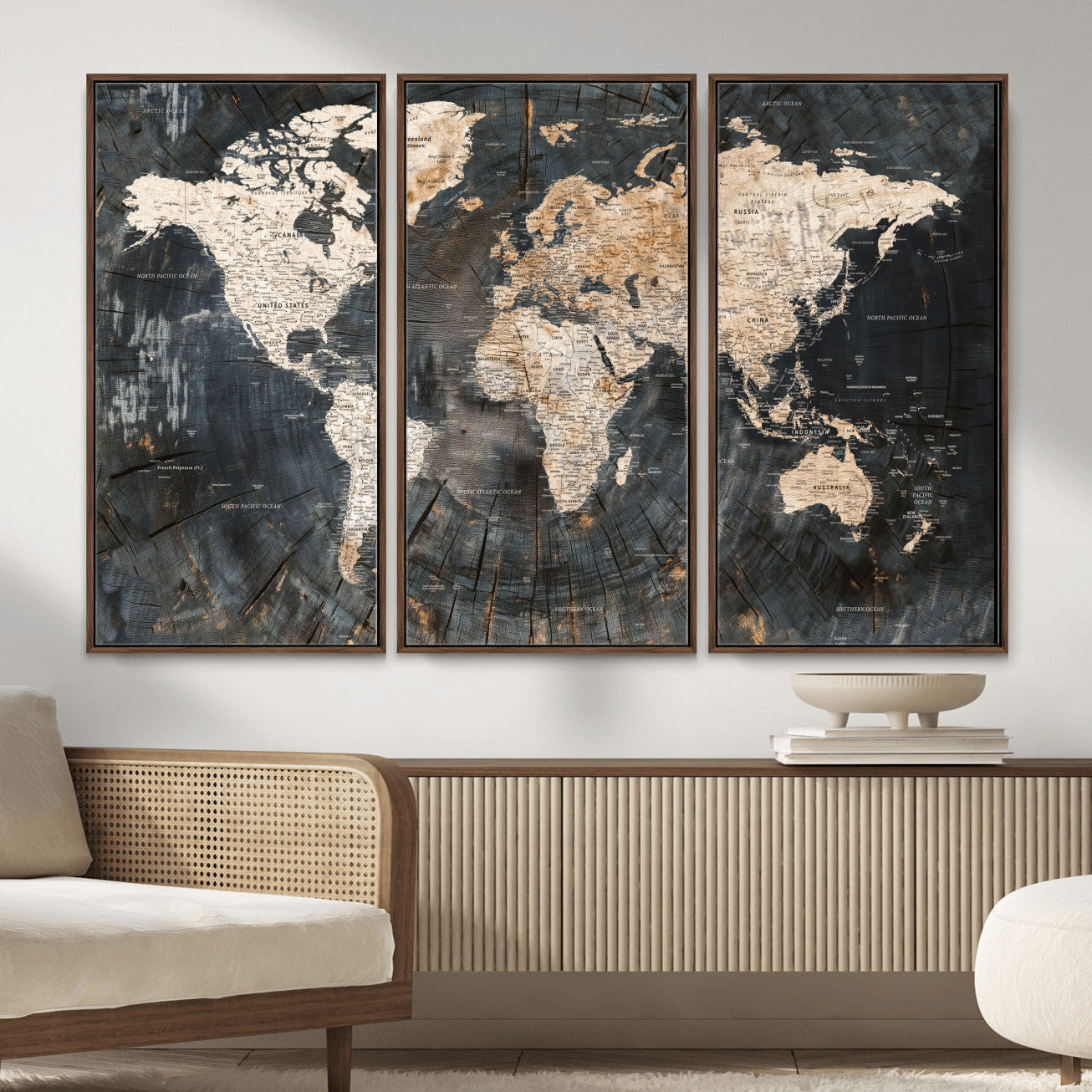 57626704-MGV-FC-48X32-3P - World Map Wall Art Canvas Print, Modern Decorative Framed Map Artwork Prints for Living Room, Office, Bedroom Wall Decor