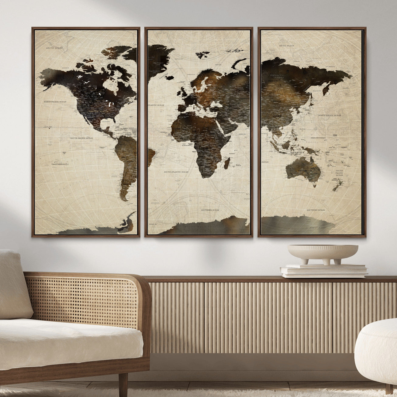 81771296-MGV-FC-48X32-3P - World Map Wall Art Canvas Print, Modern Decorative Framed Map Artwork Prints for Living Room, Office, Bedroom Wall Decor