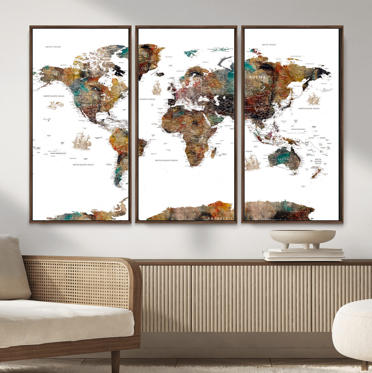 82293175-MGV-CV-36X24 - World Map Wall Art Canvas Print, Modern Decorative Framed Map Artwork Prints for Living Room, Office, Bedroom Wall Decor